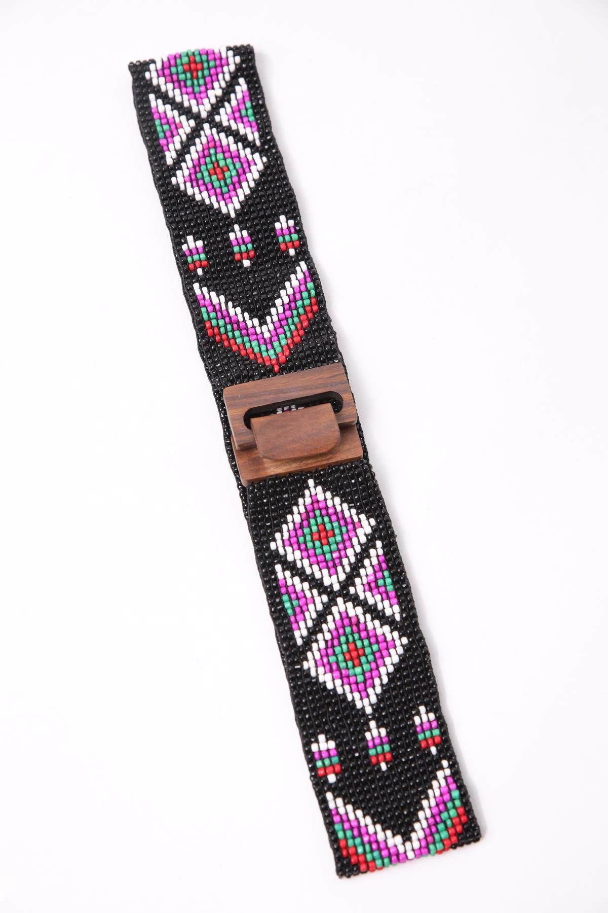 Black Wooden Buckle Detailed Beaded Elastic Belt