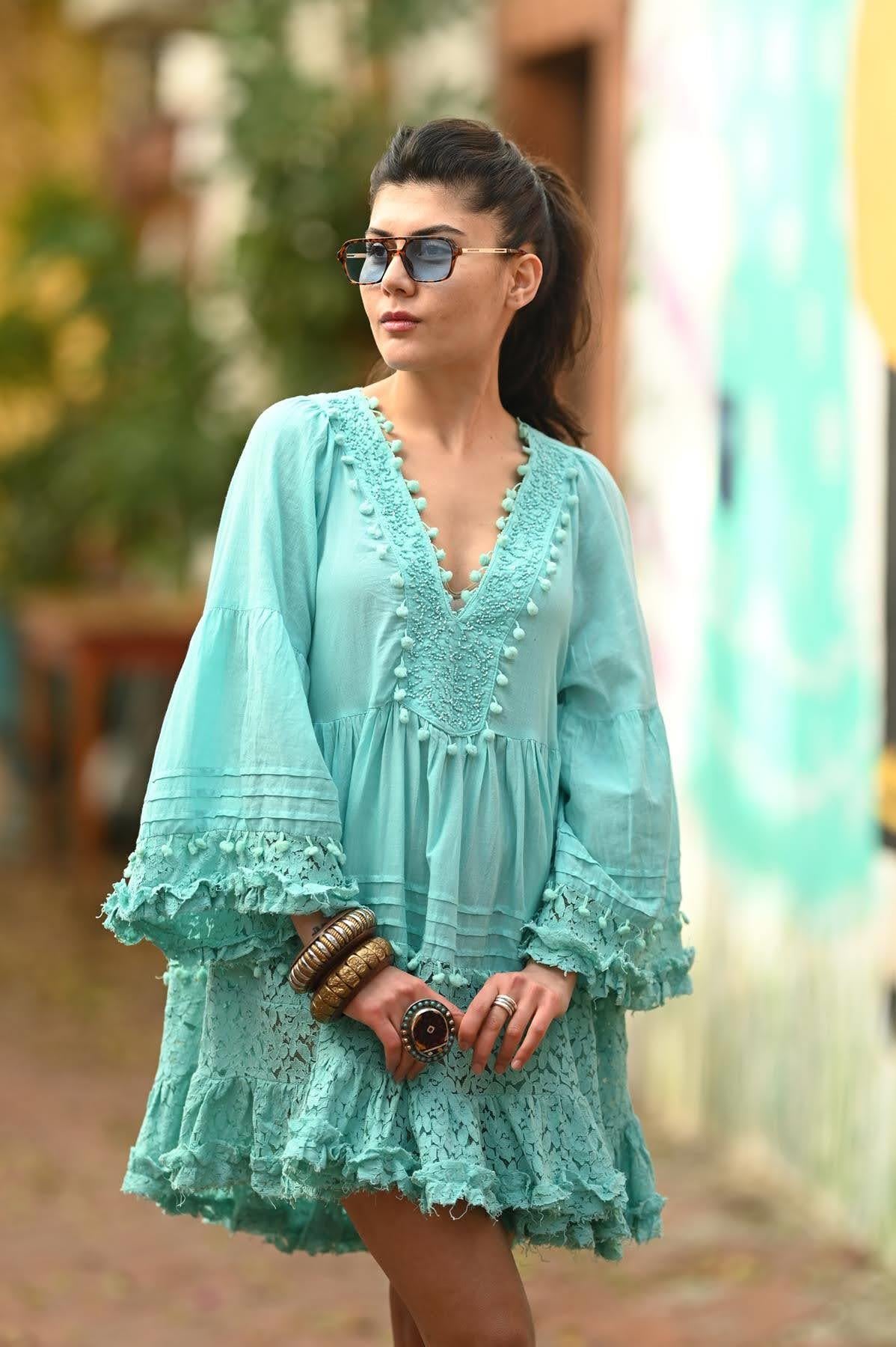Turquoise Embroidered V Neck Lace Mini Dress