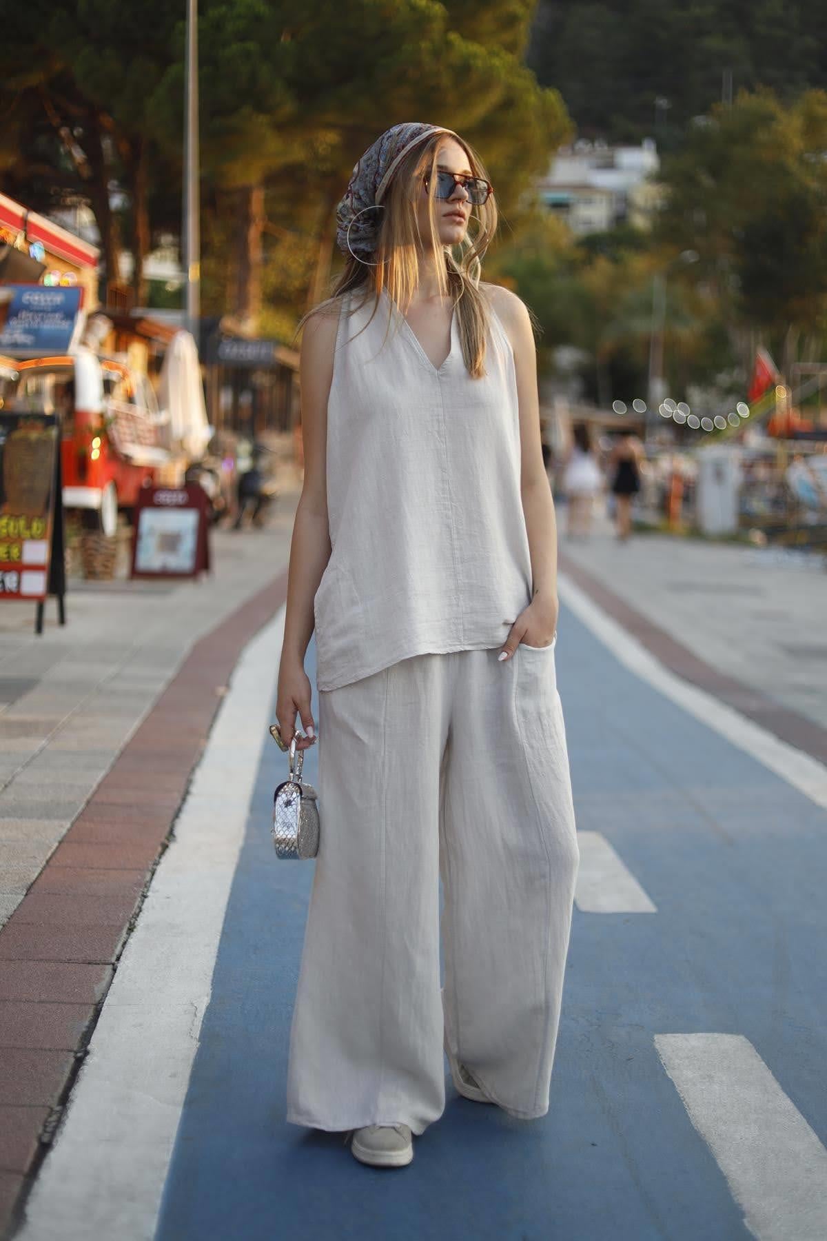 Cream Color Pocket Detailed Linen Pants