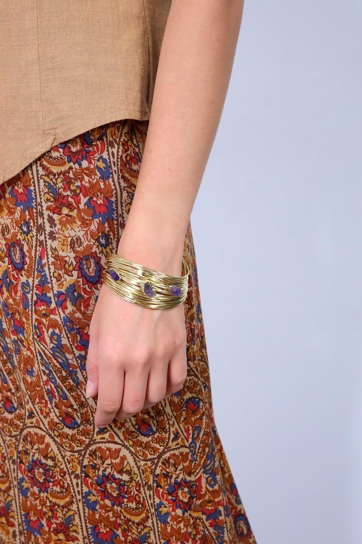 El Yapımı Doğal Taş Detaylı Altın Kaplama Bileklik - Şaman Butik El Yapımı Doğal Taş Detaylı Altın Kaplama Bileklik