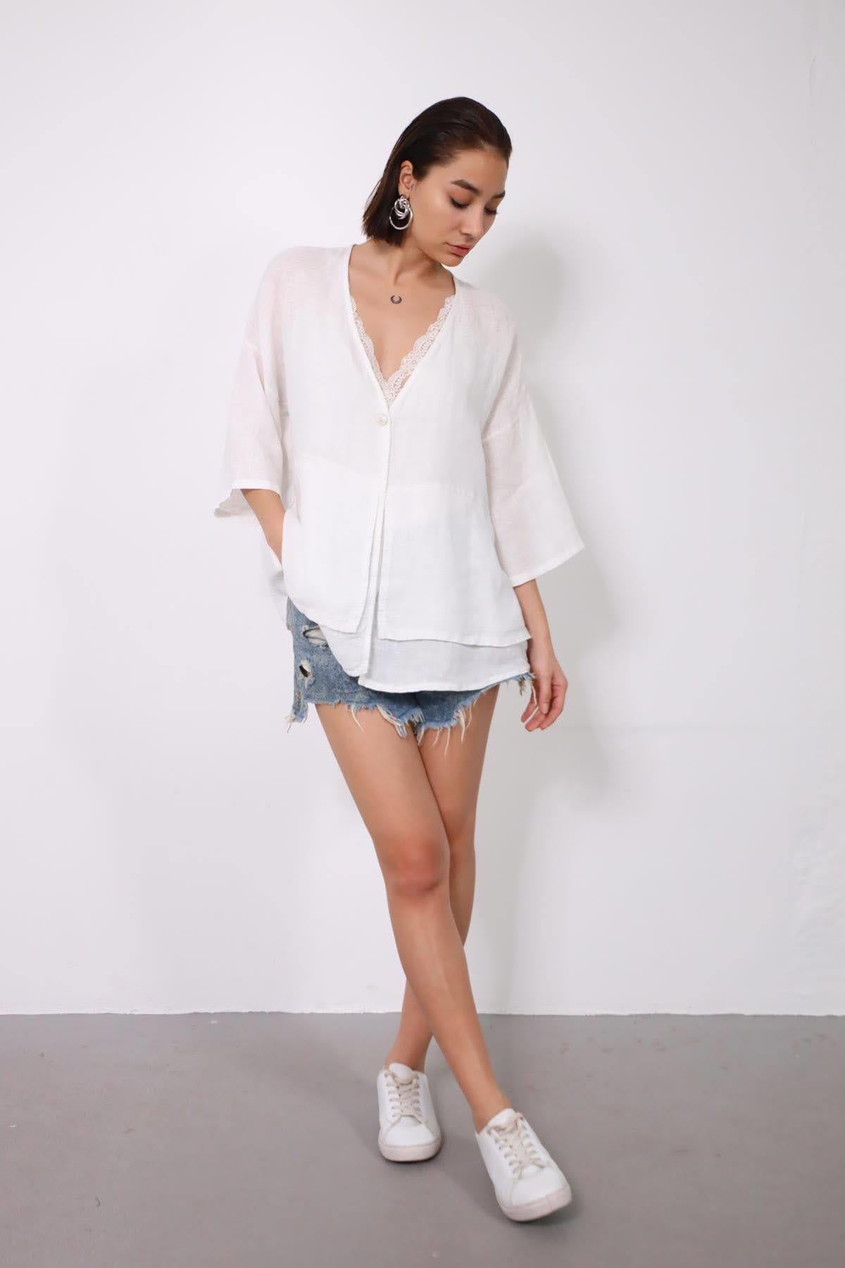 Beyaz Önü Parça Detaylı Tek Düğmeli Keten Ceket - Şaman Butik Beyaz Önü Parça Detaylı Tek Düğmeli Keten Ceket