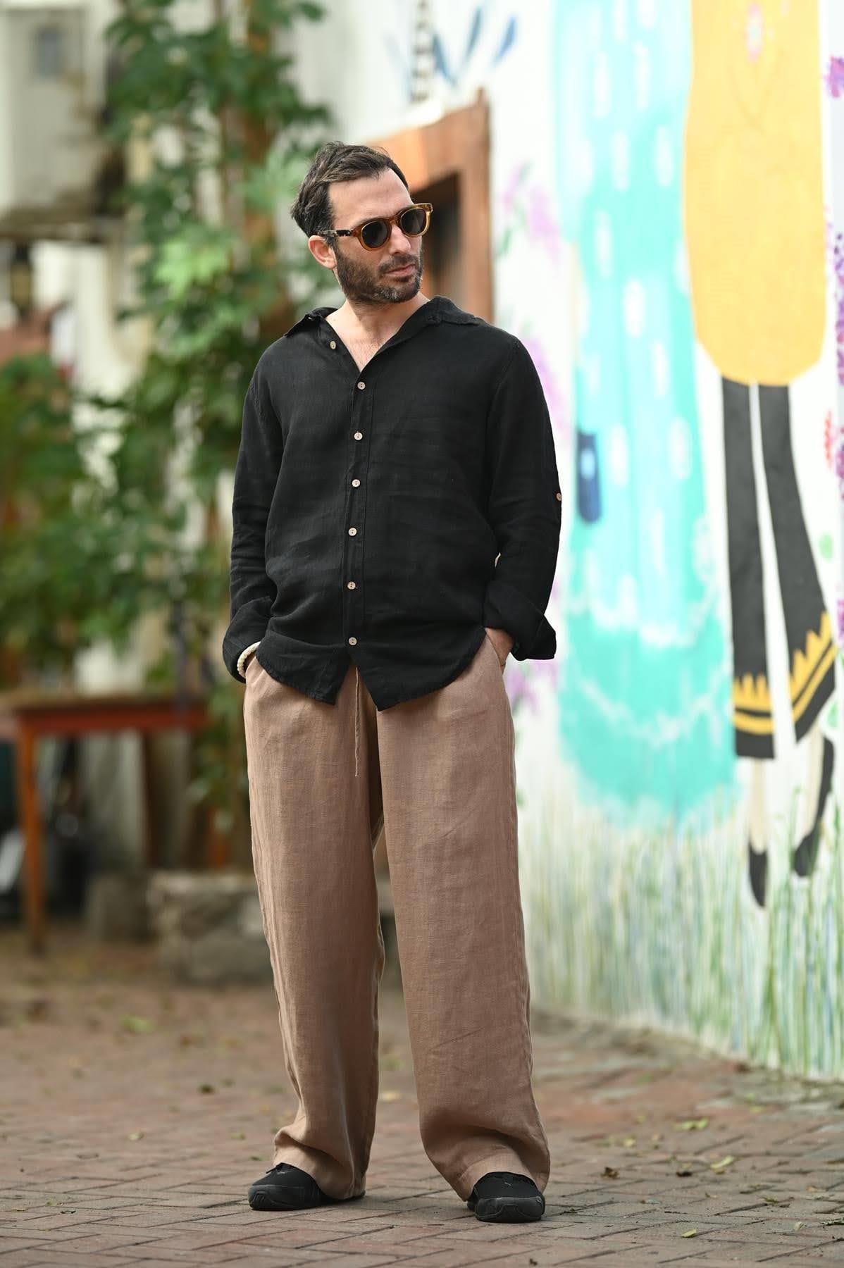 Light Brown Linen Wide Leg Jogger Mens Trousers