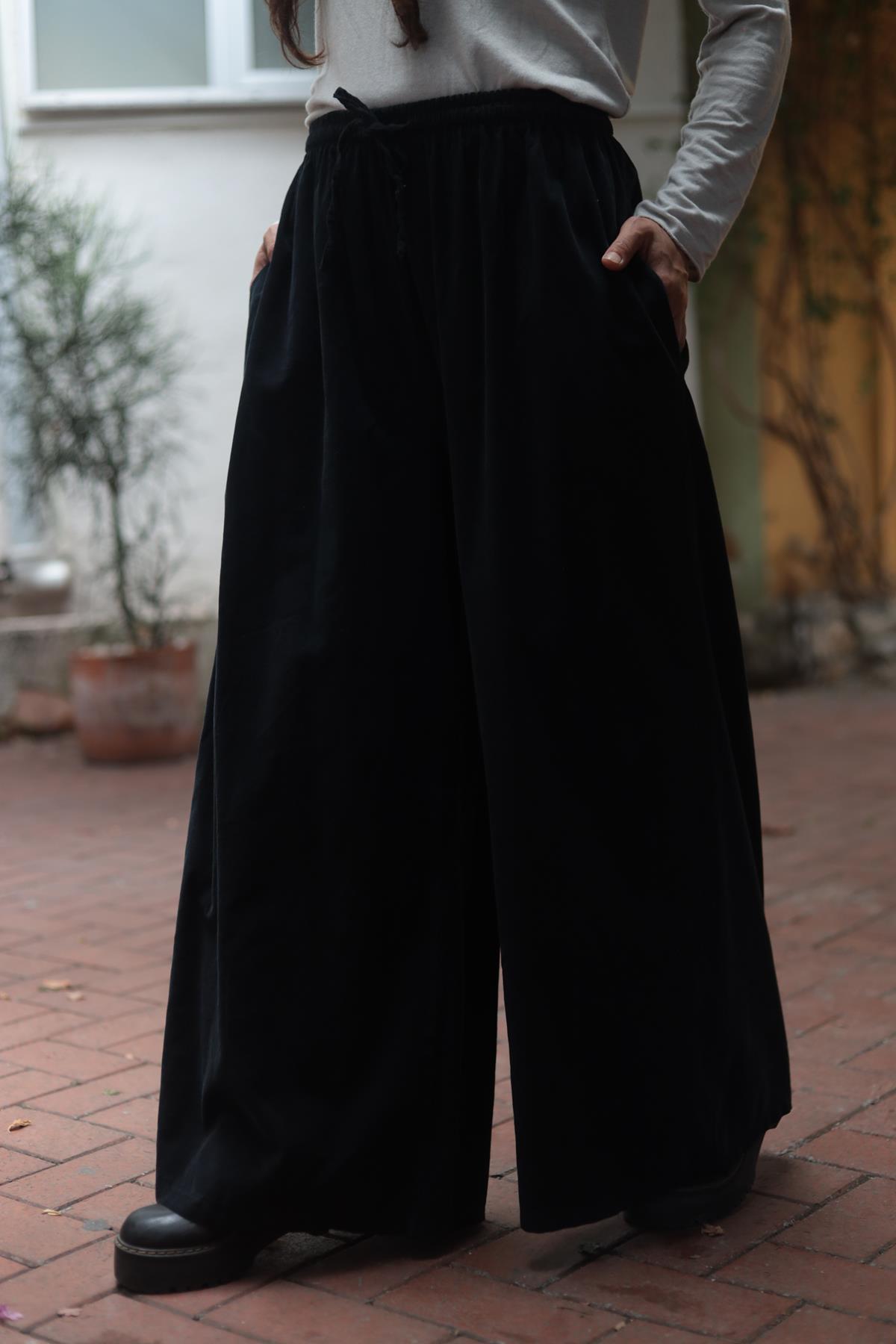 Siyah Beli İpli Kadife Palazzo Pantolon