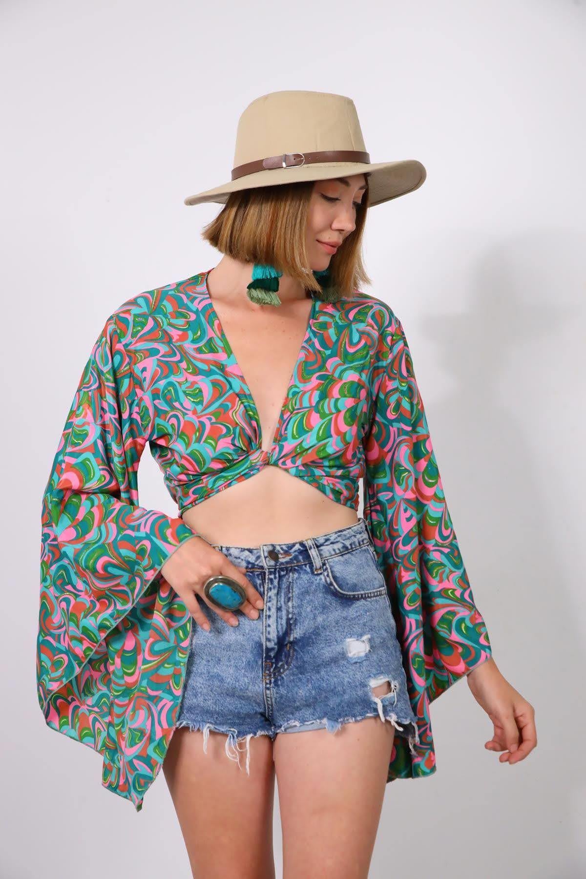 Petrol Yeşili Yarasa Kol İpek Bolero - Şaman Butik Petrol Yeşili Yarasa Kol İpek Bolero