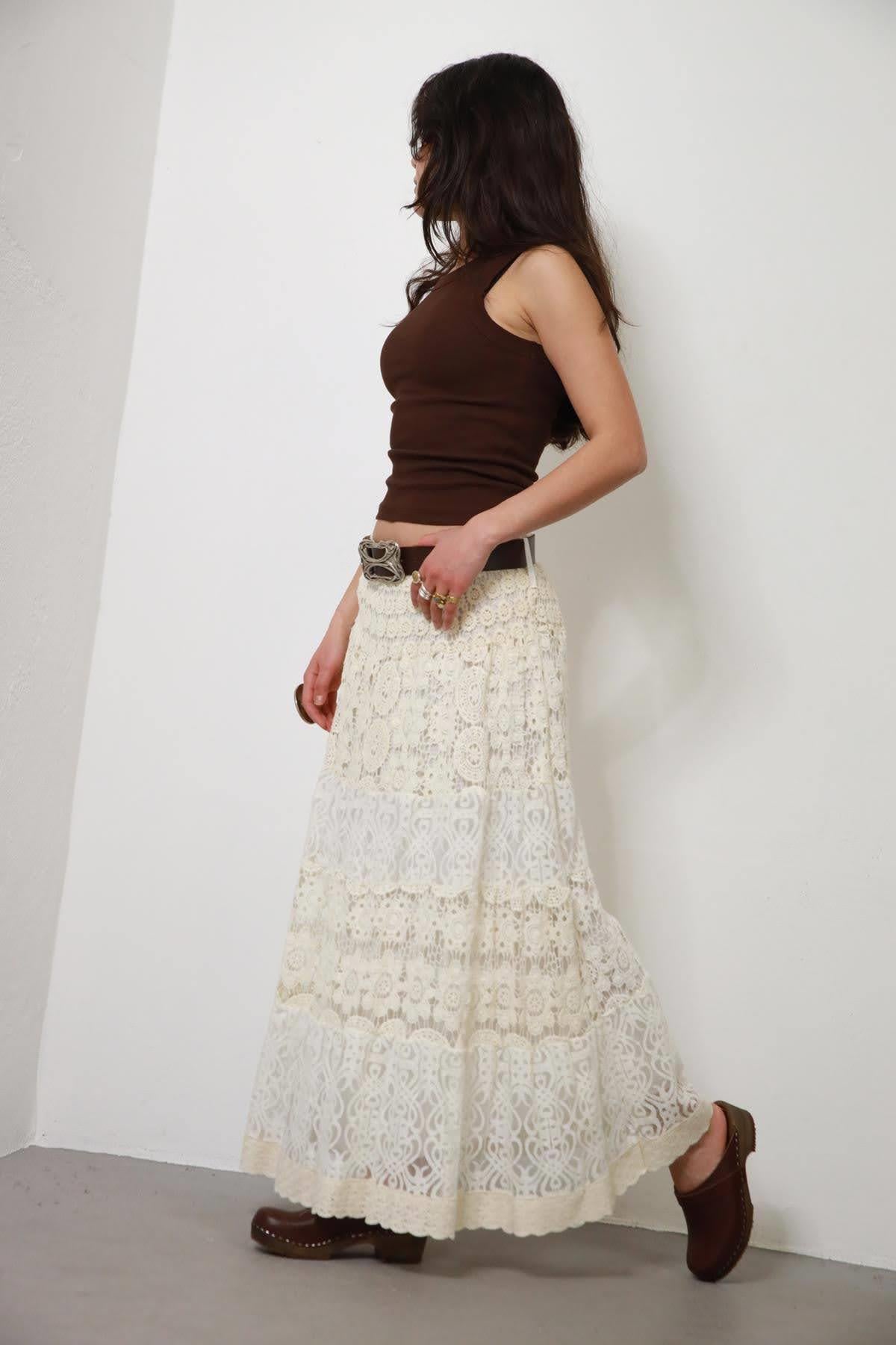 Cream Authentic Elastic Waist Lace Skirt