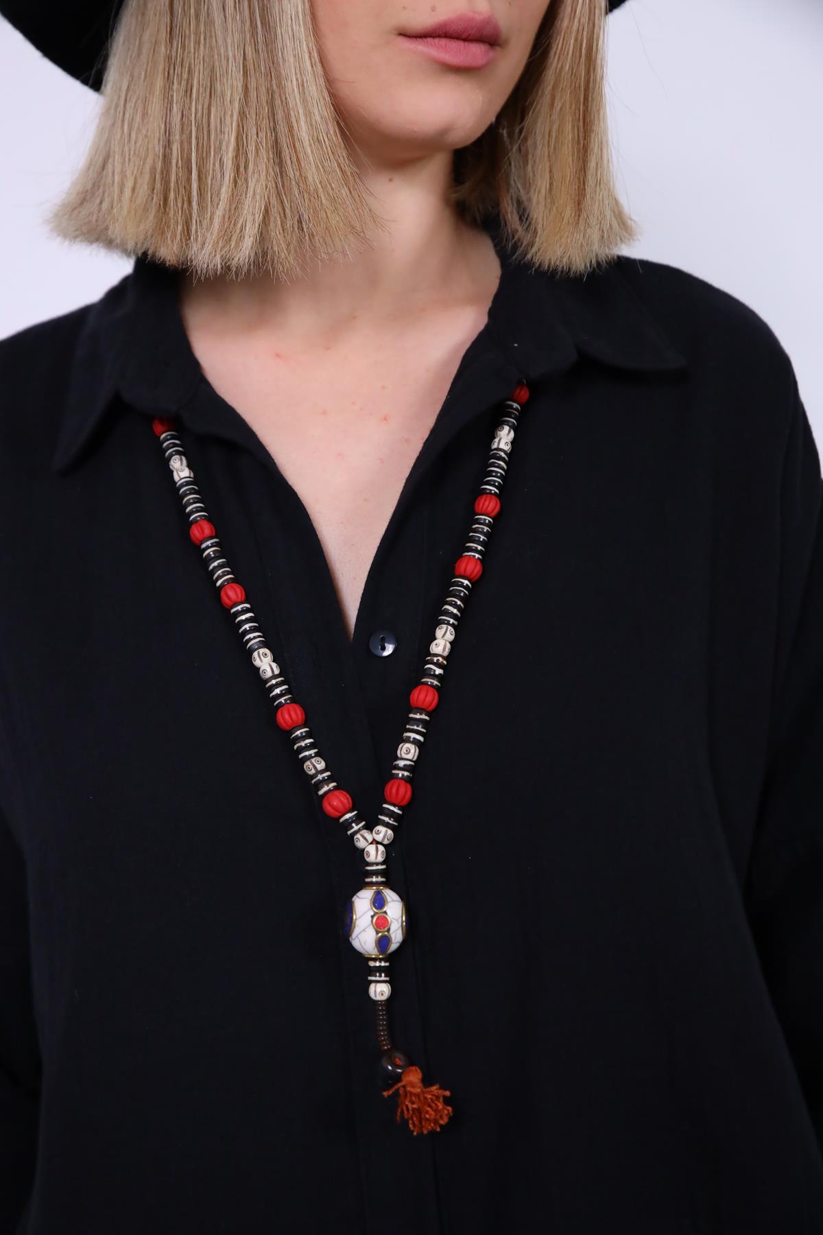 Çekirdek Uçlu Püskül Detaylı Uzun Kolye - Şaman Butik Çekirdek Uçlu Püskül Detaylı Uzun Kolye