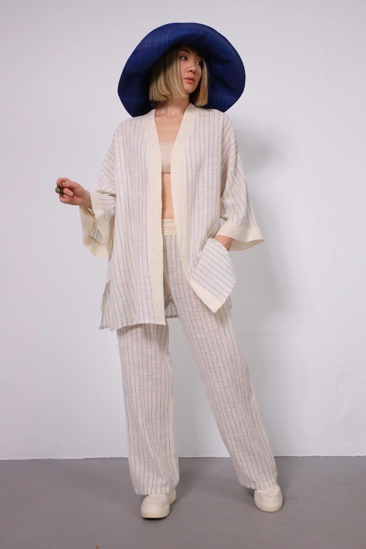 Mavi Çizgili Kimono - Şaman Butik Mavi Çizgili Kimono