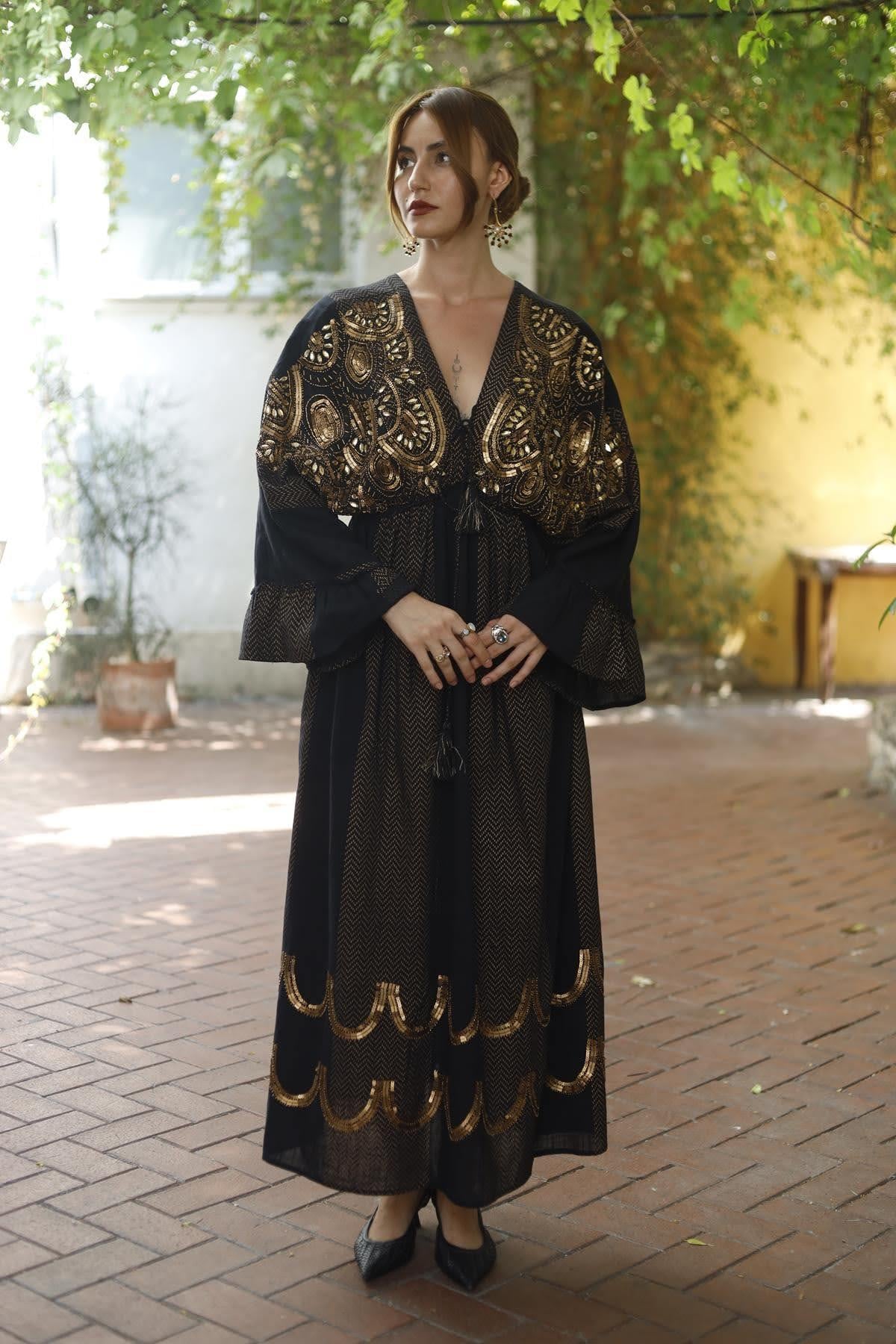 Black V Neck Stone and Sequined Authentic Dress