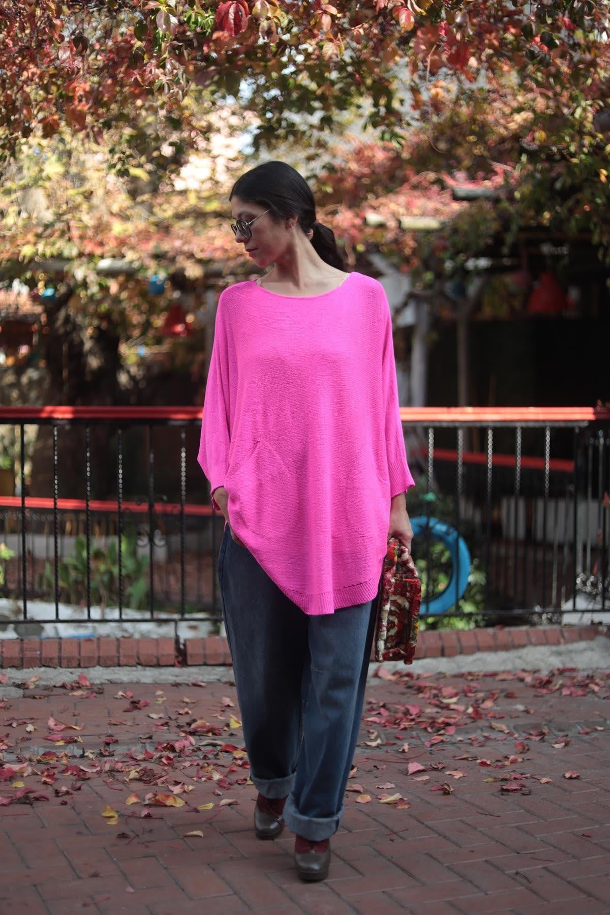 Neon Pembe Oval Kesim Cepli Triko Tunik