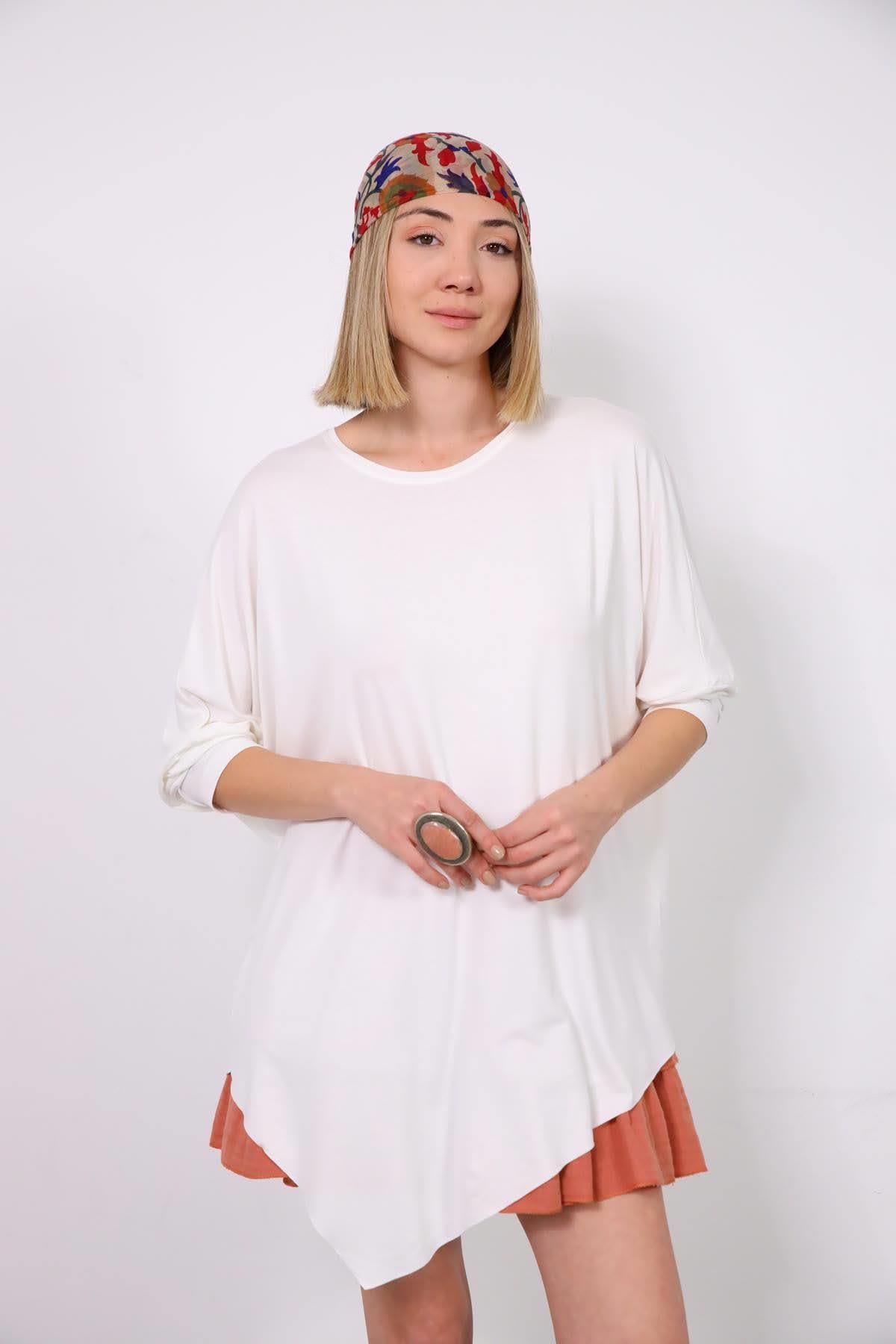  Ekru Bisiklet Yaka Asimetrik Tunik