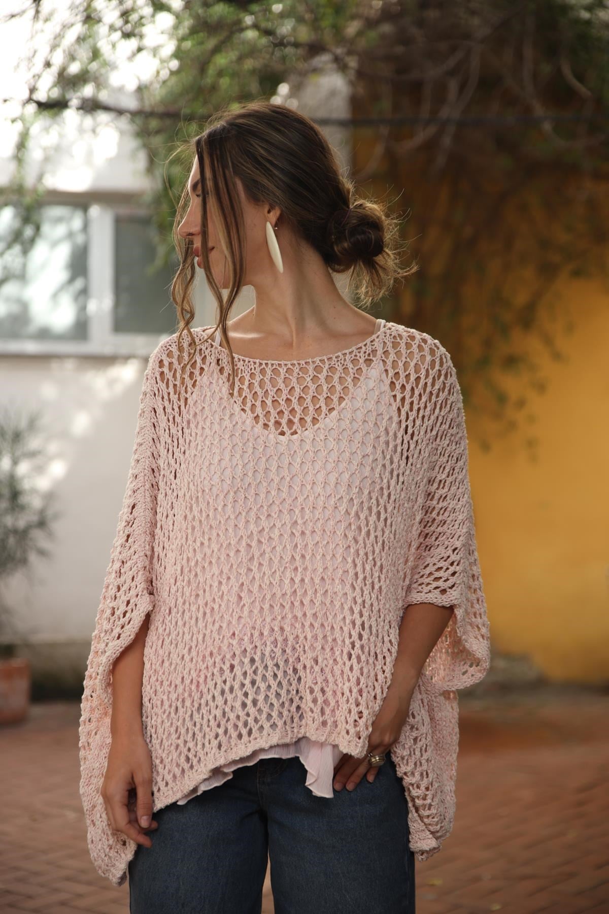 Pudra Pembe Simli Delikli Salaş Triko Bluz