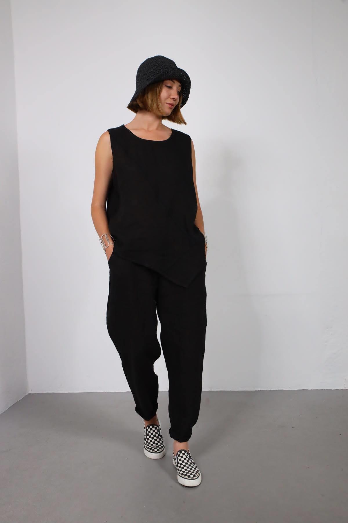 Siyah Dikişli Sıfır Kol Bluz ve Pantolon Keten Takım - Şaman Butik Siyah Dikişli Sıfır Kol Bluz ve Pantolon Keten Takım