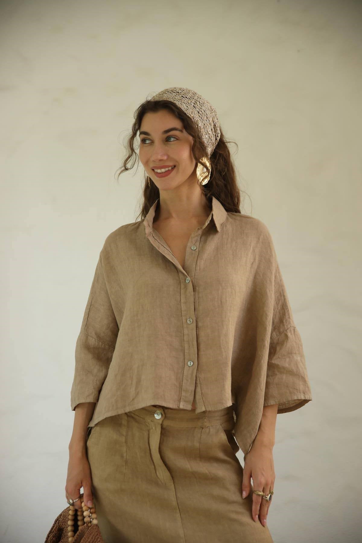 Camel Rengi Yarım Kollu Salaş Keten Gömlek