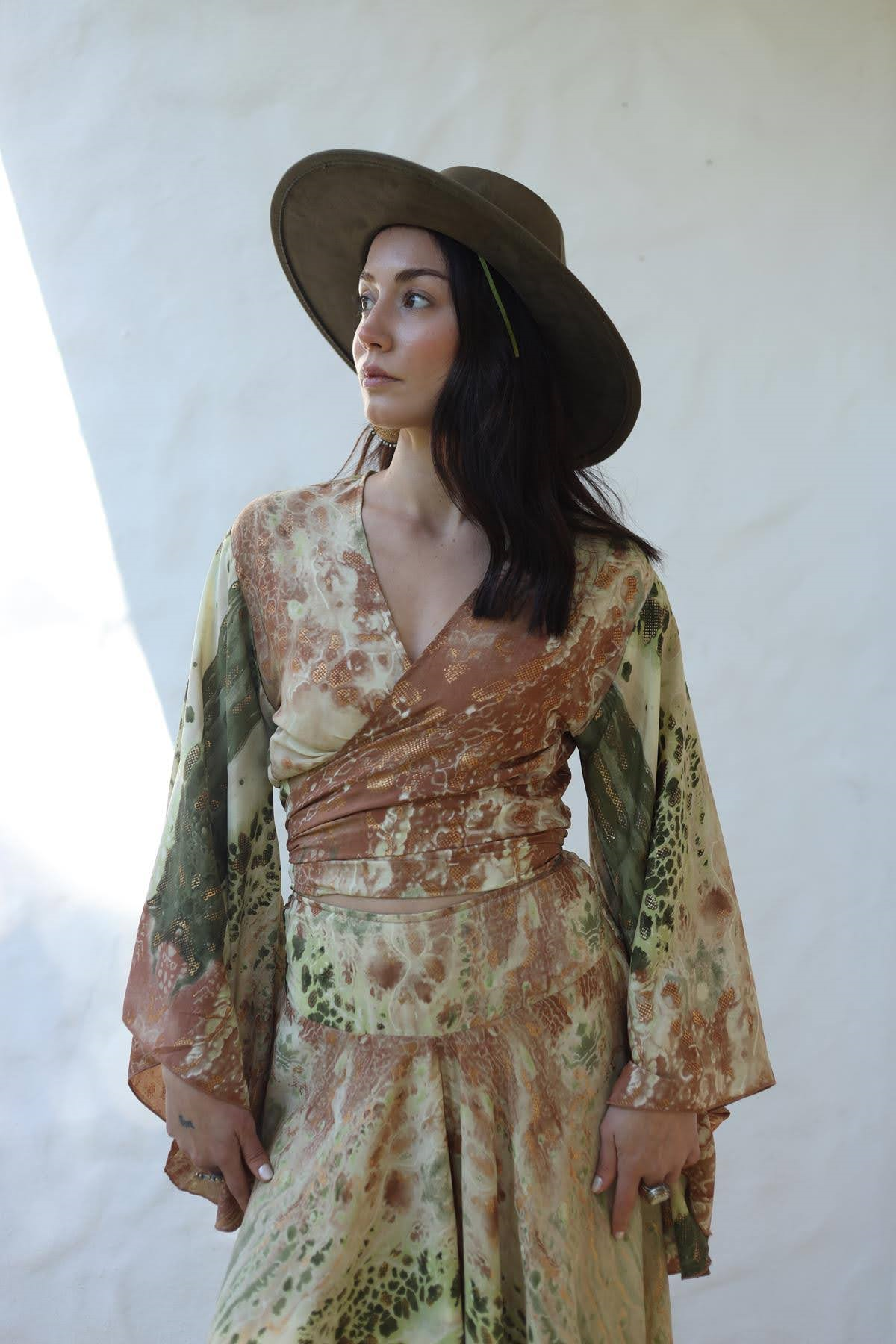 Sea Green Wide Sleeve Silk Wrap Blouse