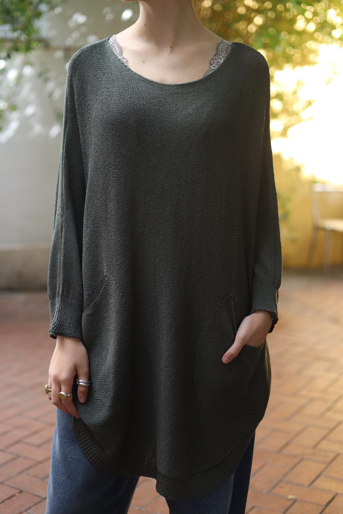 Haki Oval Kesim Cepli Triko Tunik