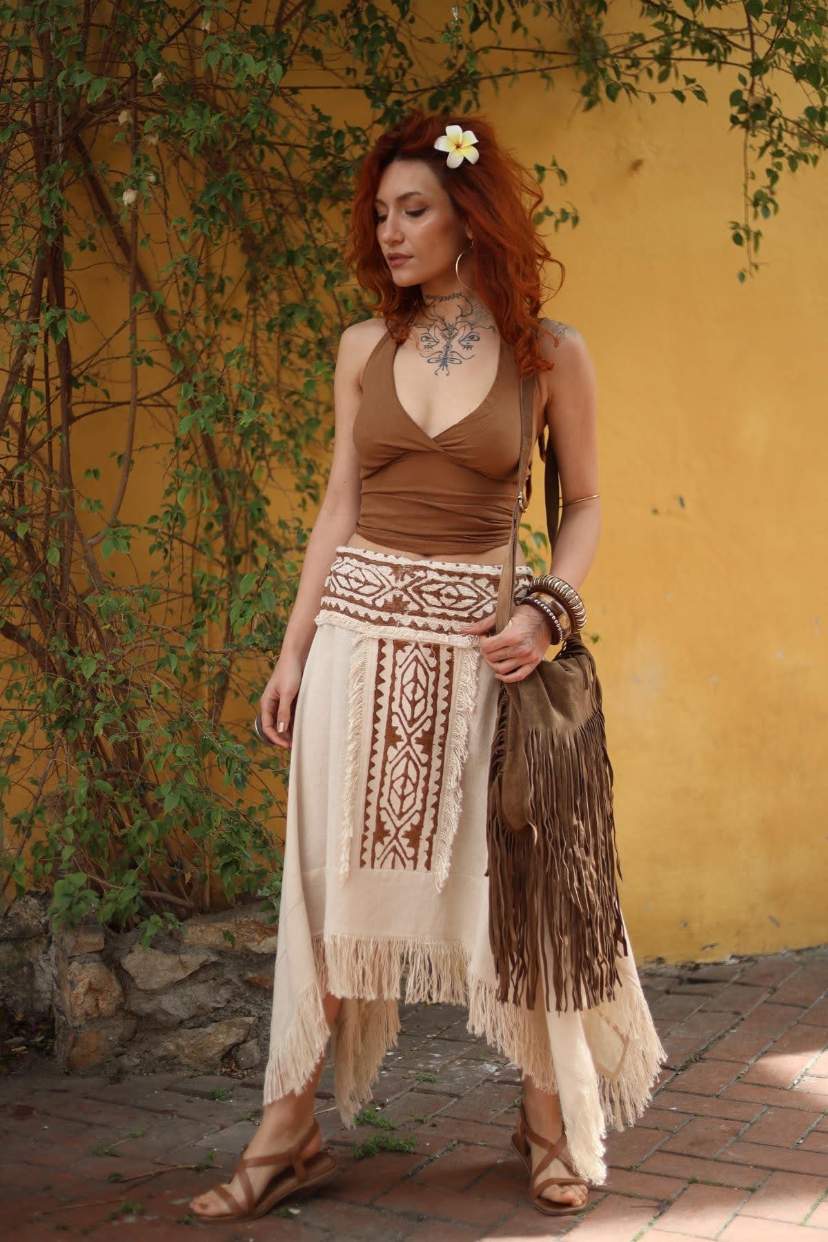  Cream Color Asymmetric Cut Tasseled Bohemian Skirt