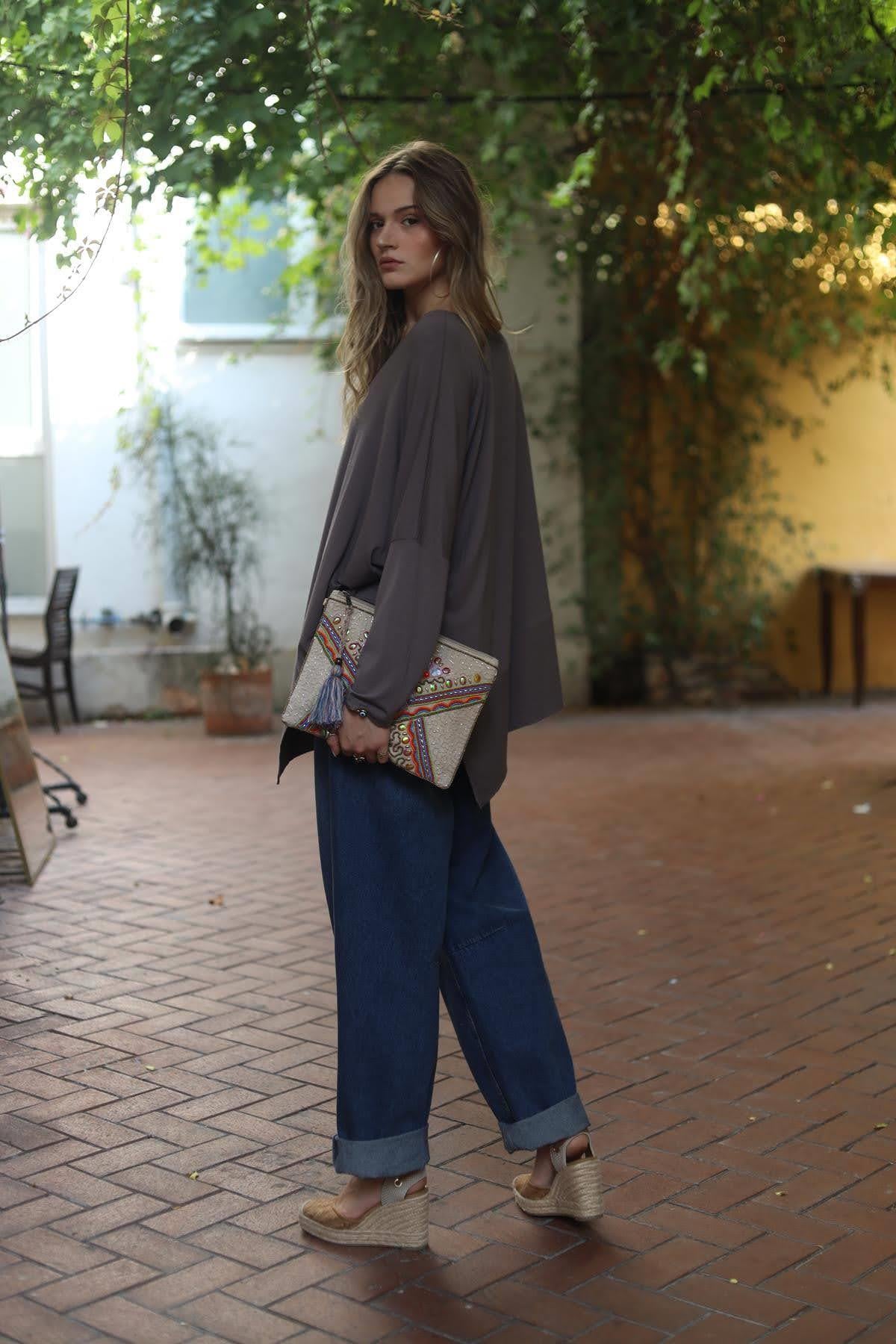 Mink Color Patched Hem Blouse