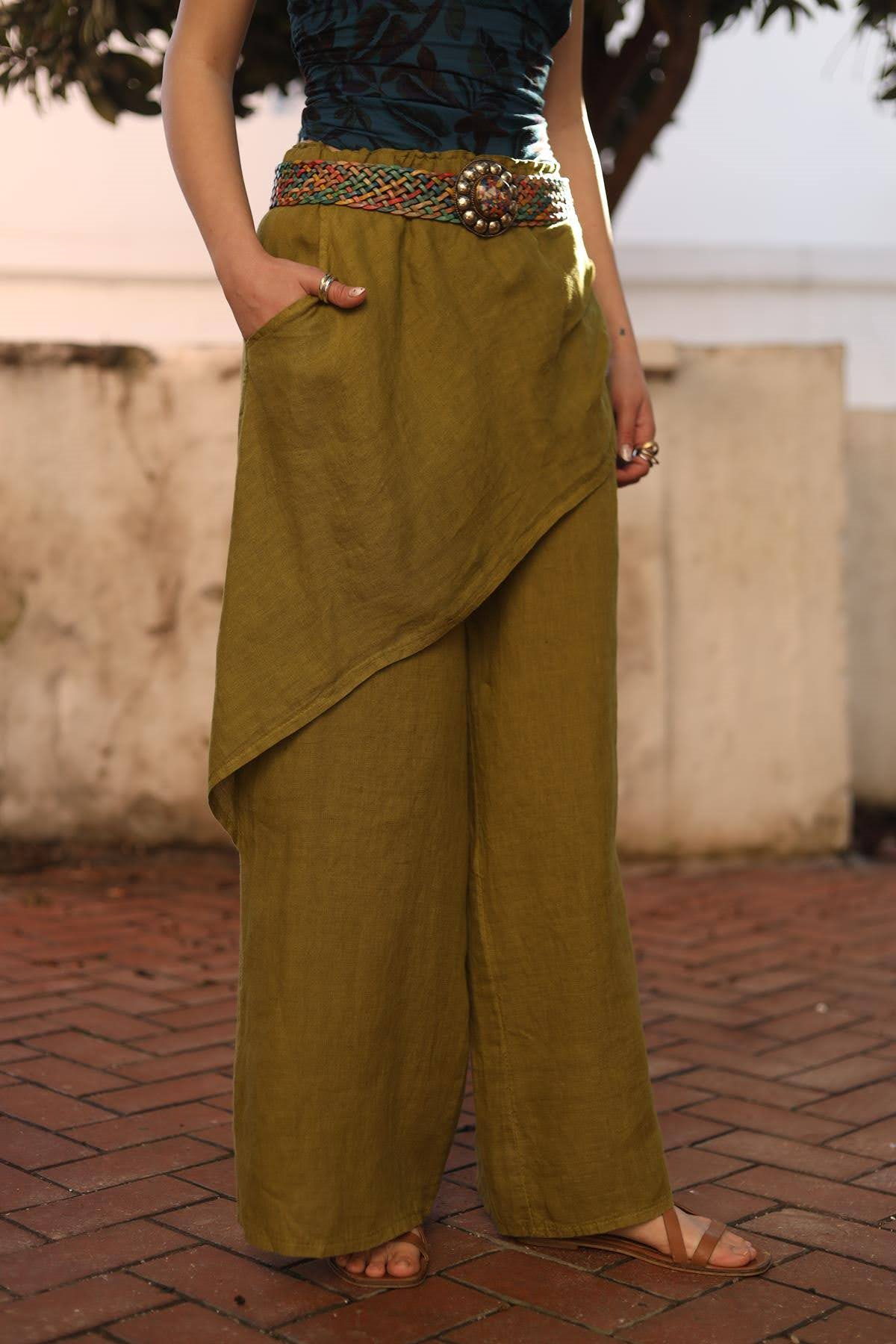 Yağ Yeşili Önü Kapaklı Keten Pantolon