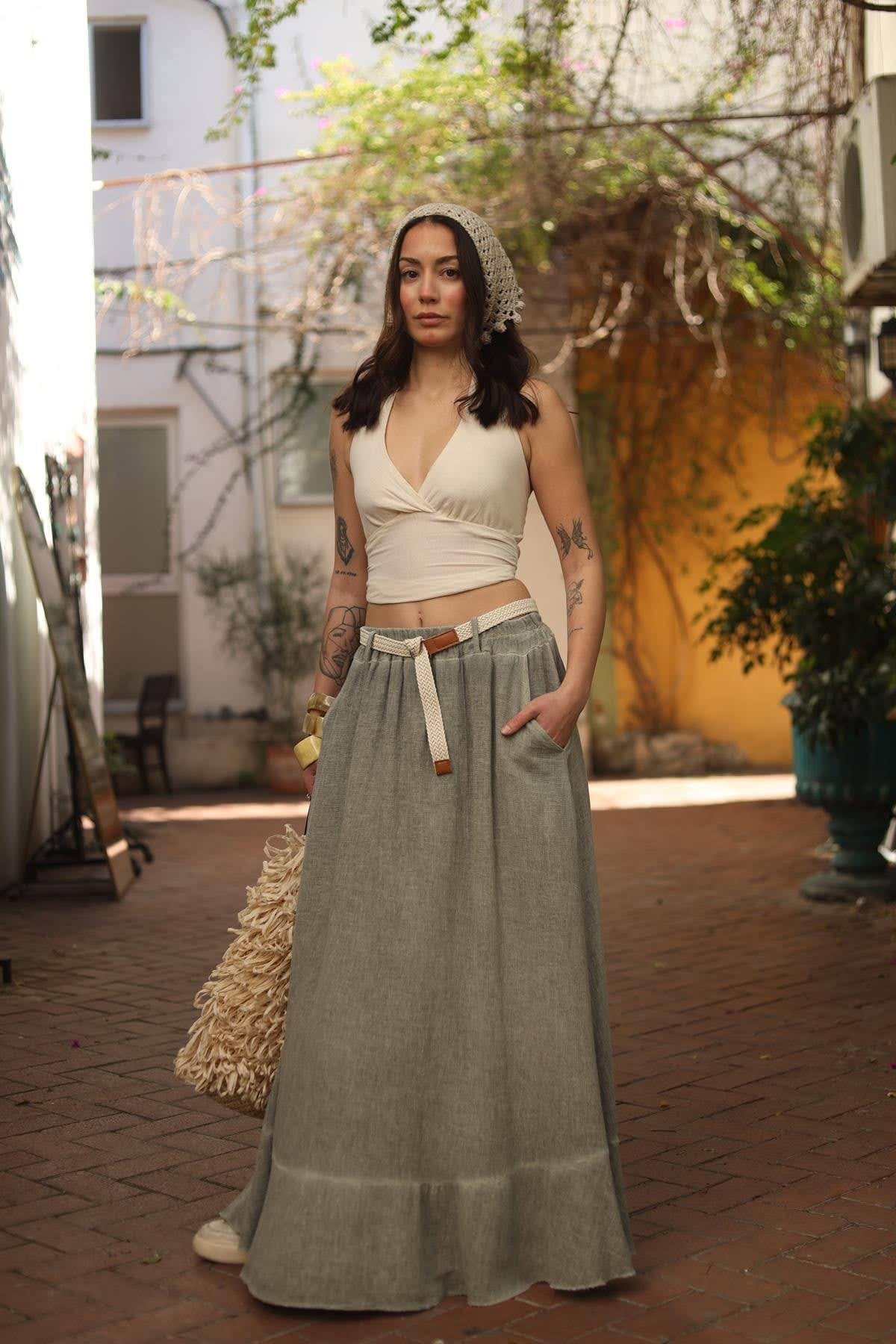 Haki Parça Detaylı Soft Keten Etek