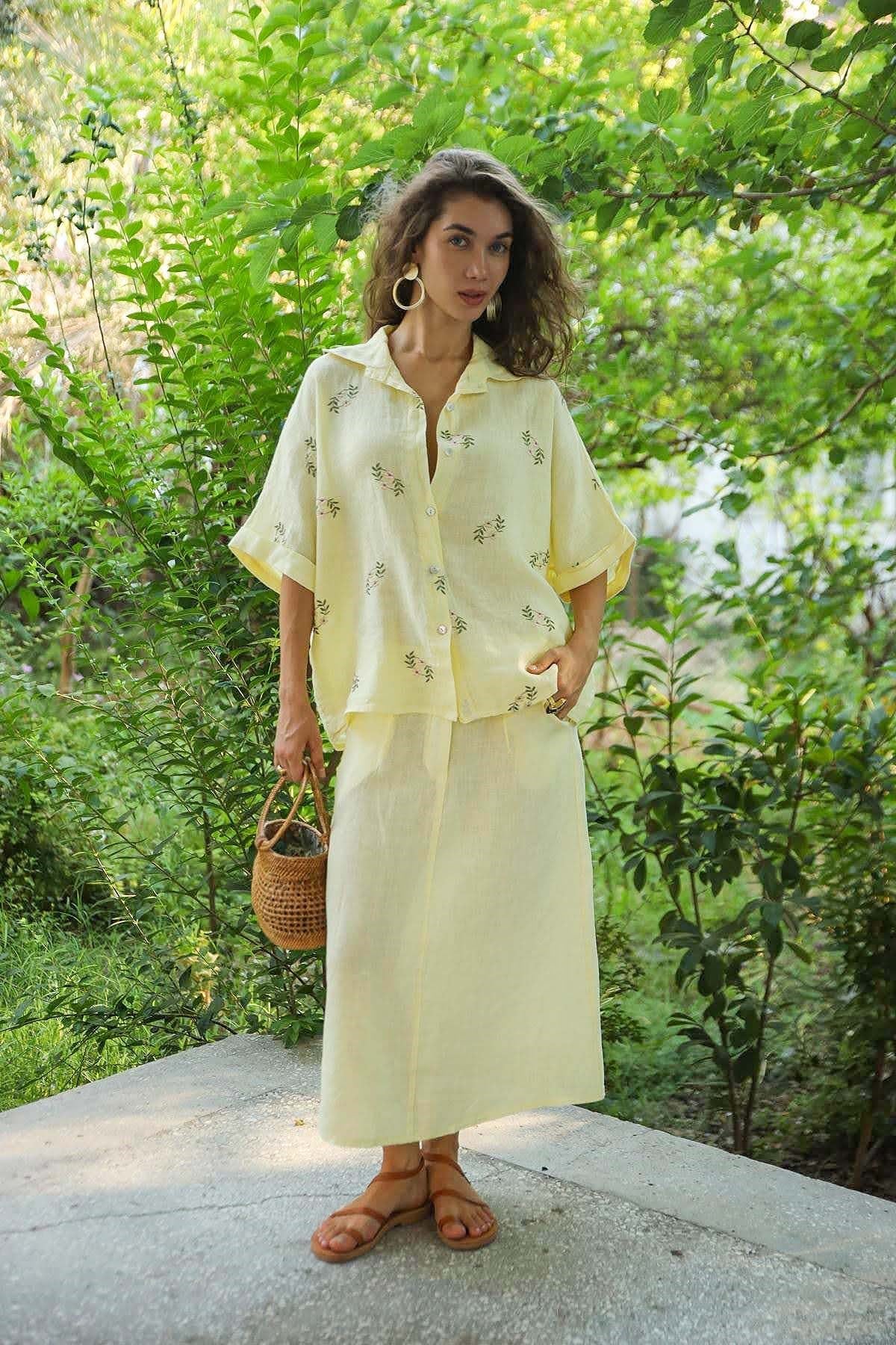 Butter Yellow Düğmeli Midi Keten Etek