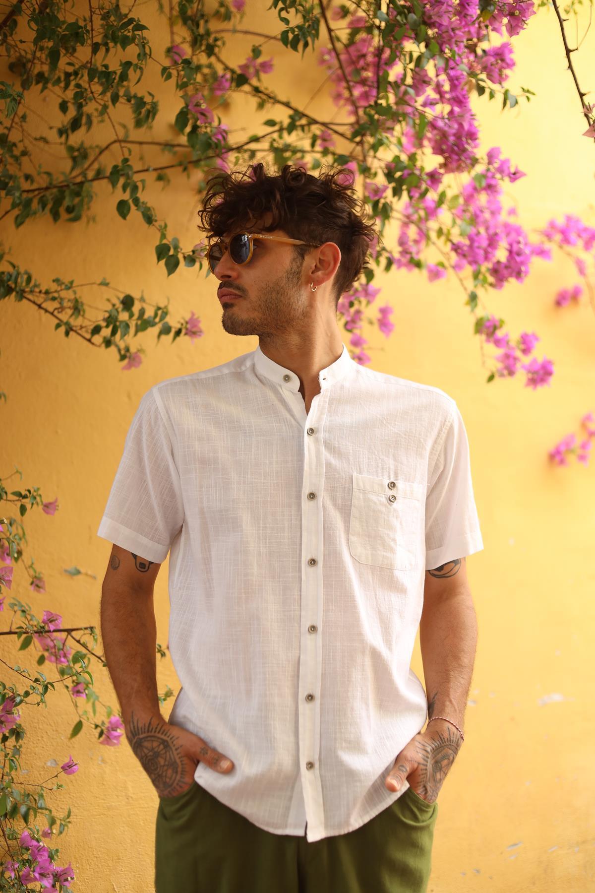 White Mandarin Collar Short Sleeve Mens Shirt