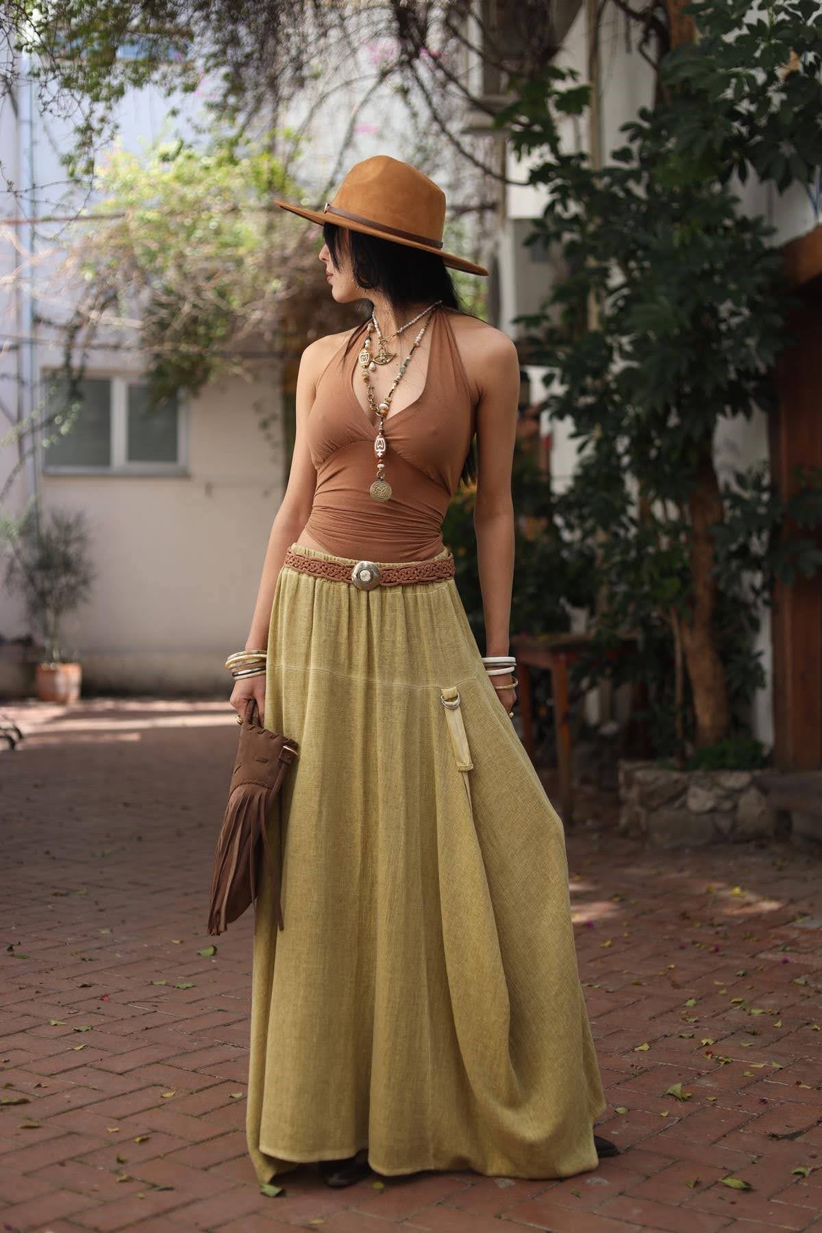 Fıstık Yeşili Ayarlanabilir Askılı Soft Keten Etek