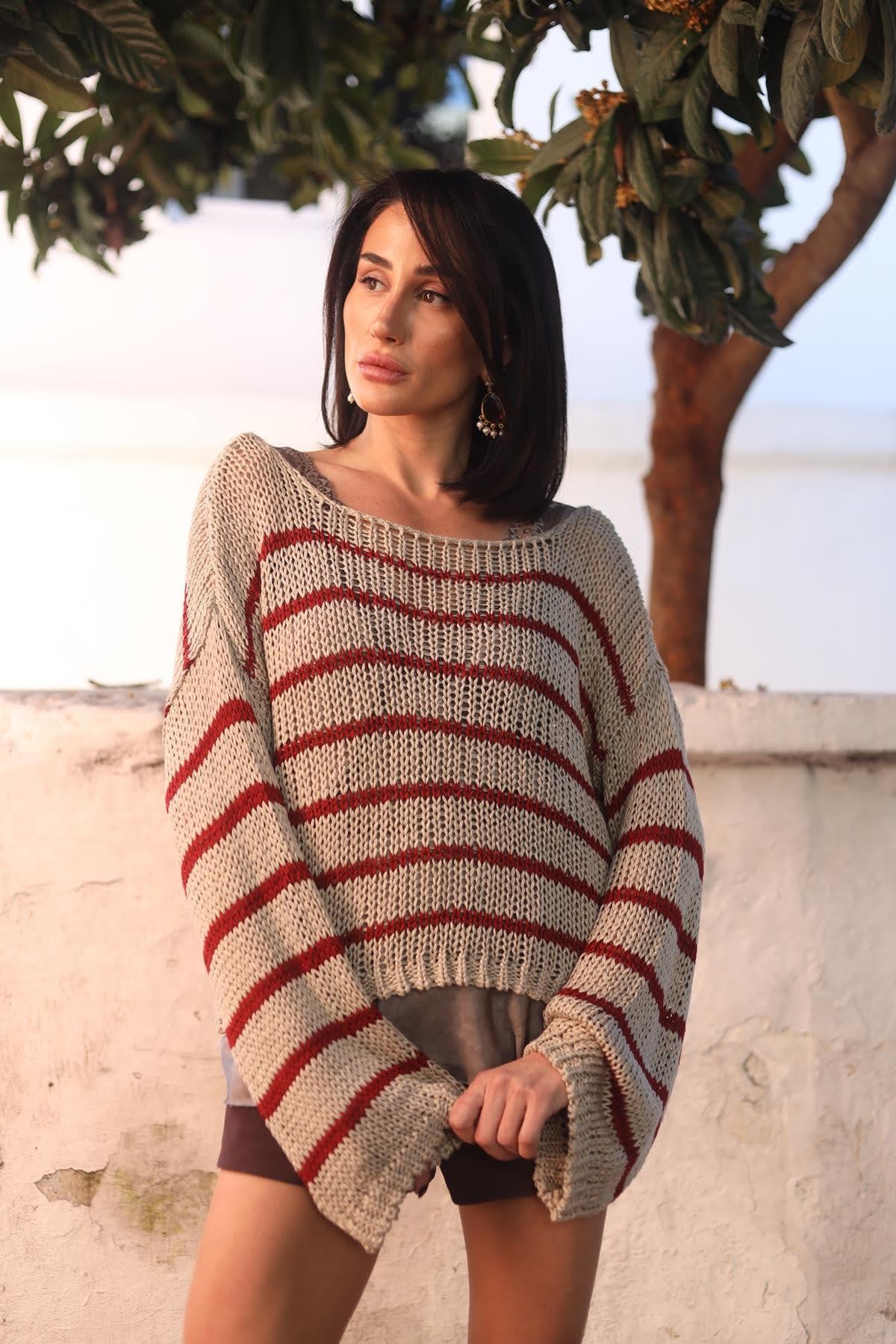 Vizon Rengi Çizgili Bisiklet Yaka Kazak