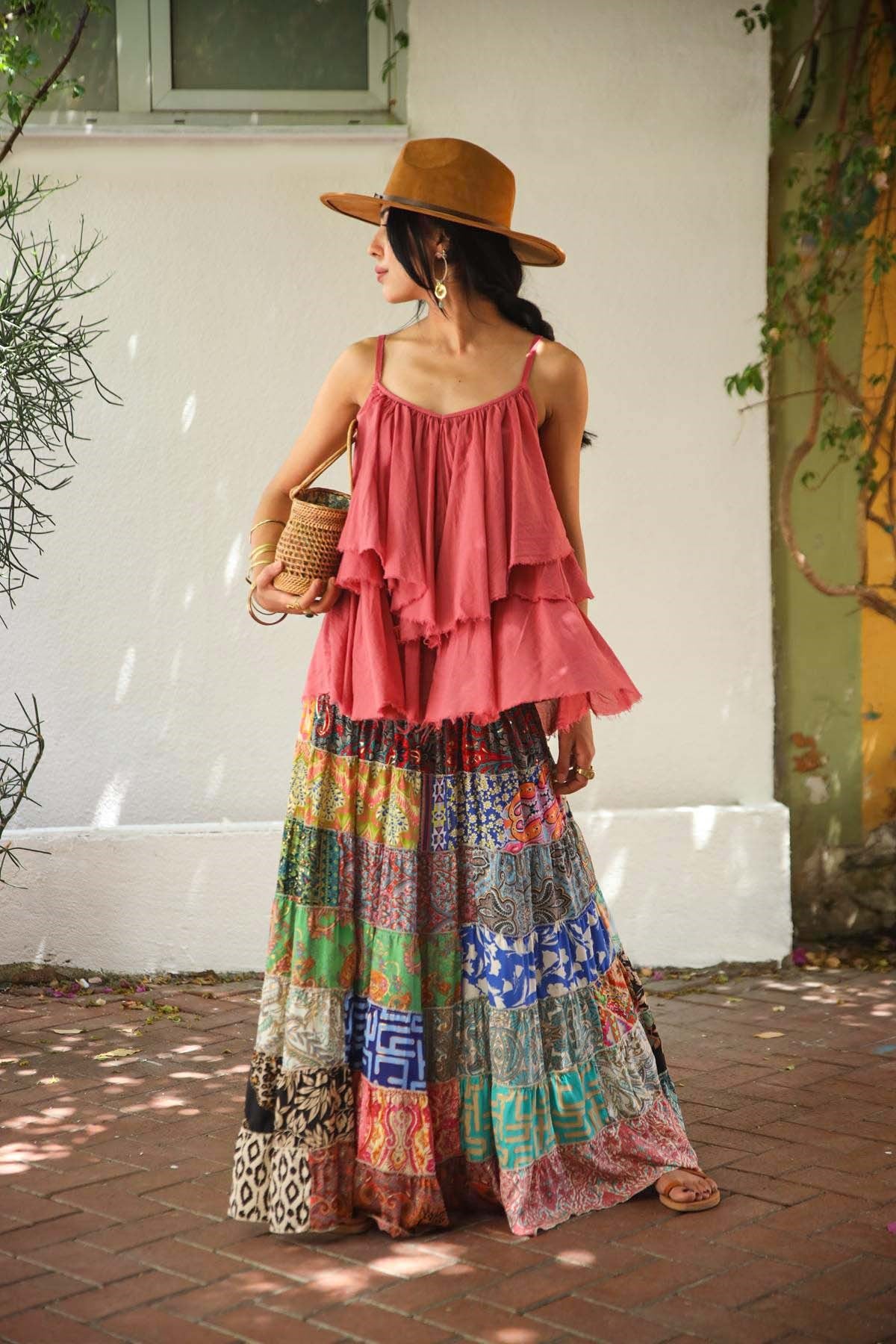 Renkli Beli Lastikli Otantik Desenli Patchwork Etek