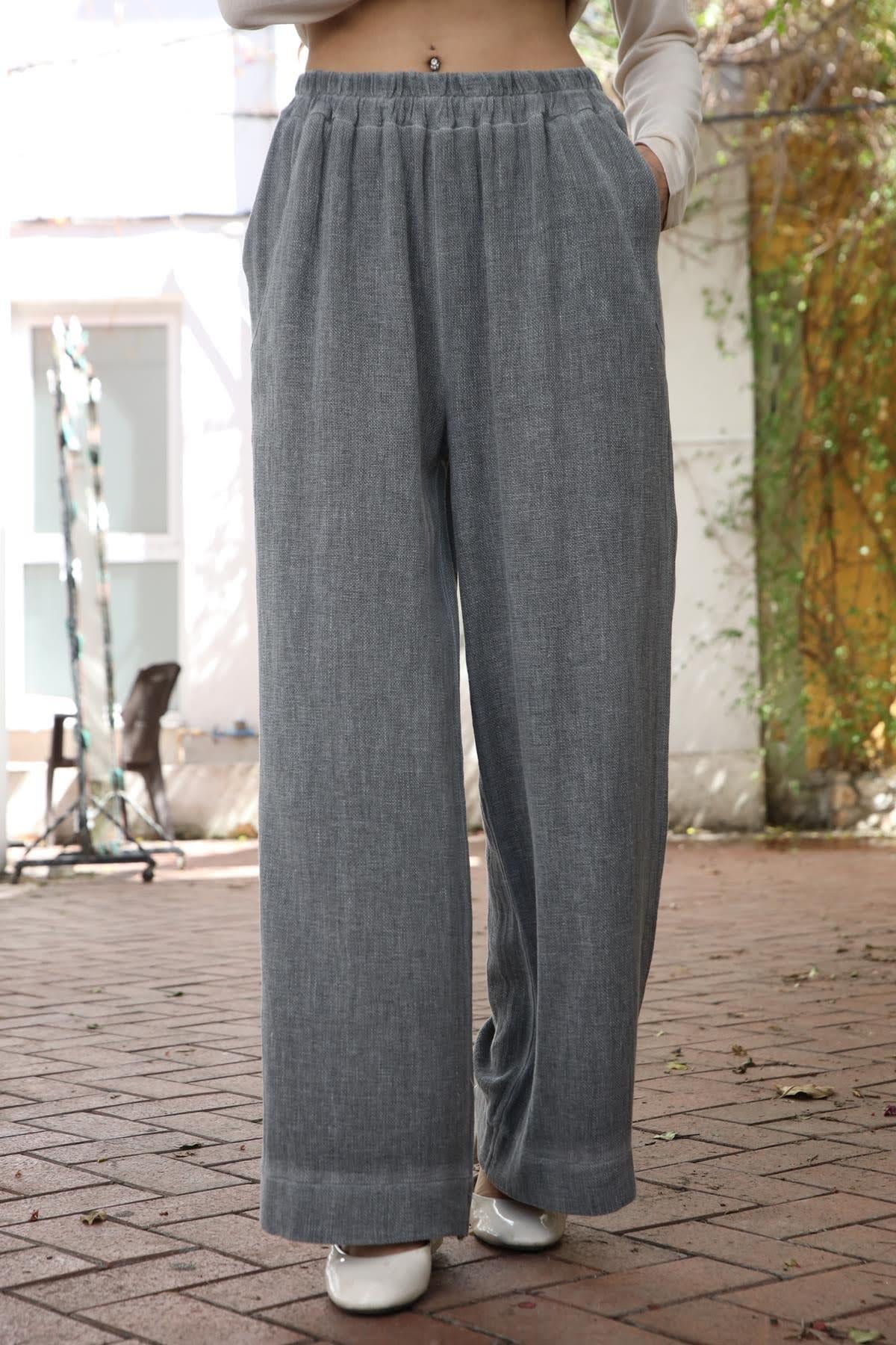Dark Gray Wide Leg Linen Trousers
