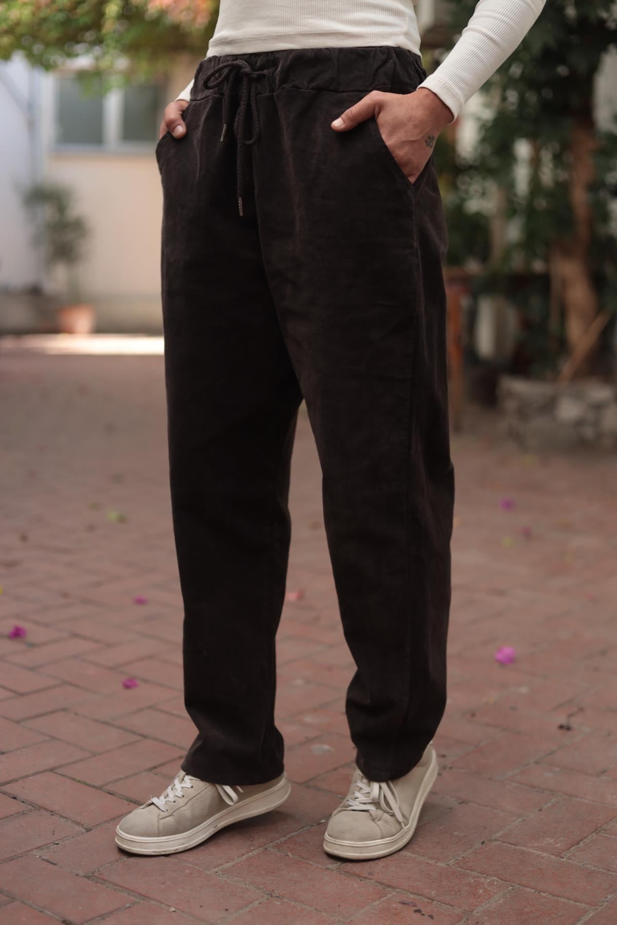 Kahverengi Beli İpli Kadife Pantolon