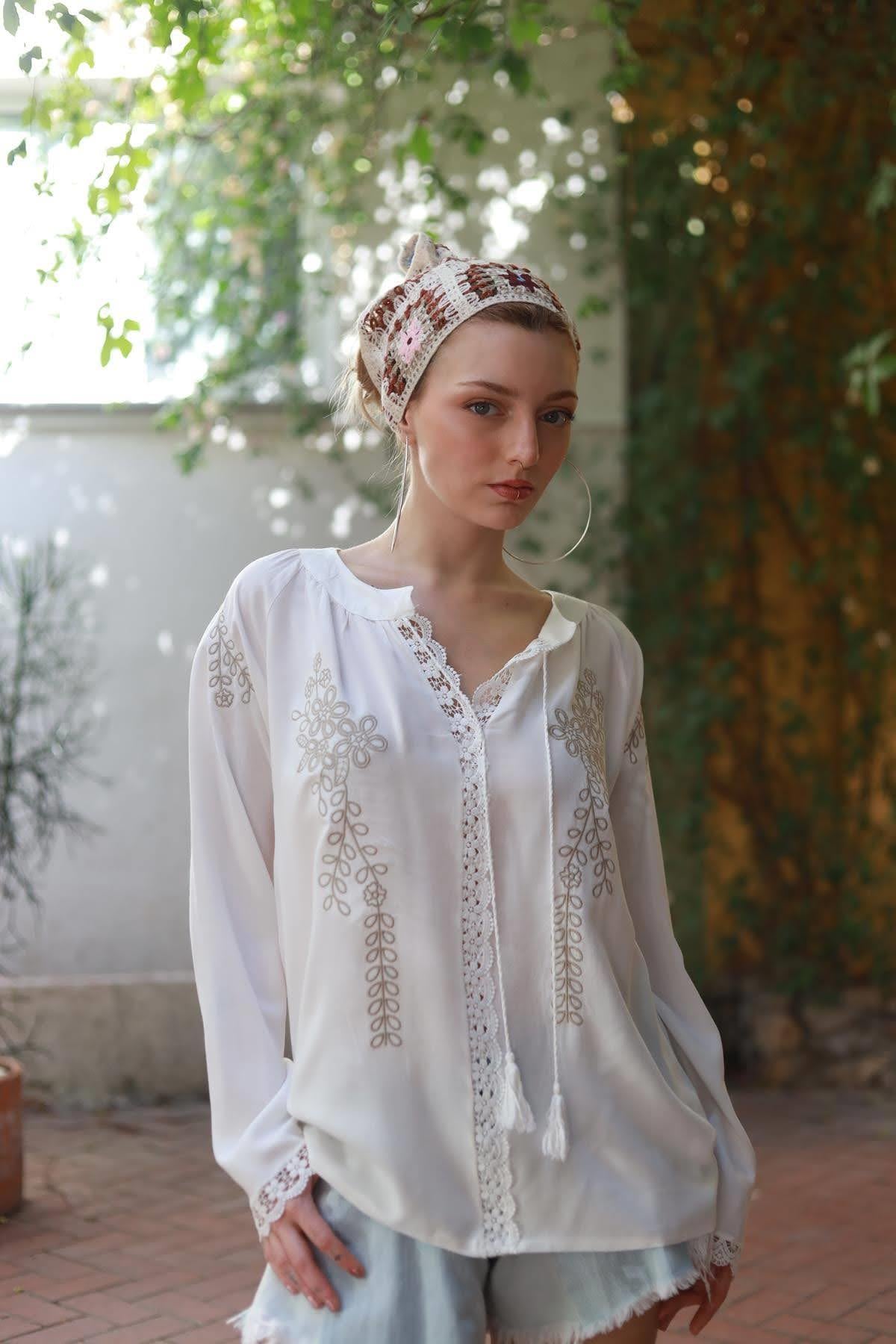 Ecru Tasseled Collar Lace Detailed Blouse