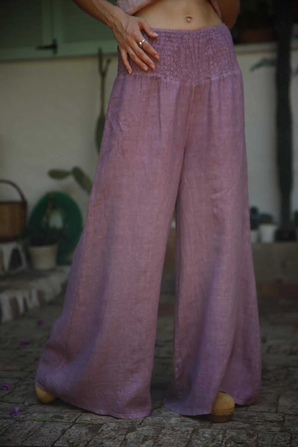 Lila Beli Gipeli Geniş Paça Keten Pantolon