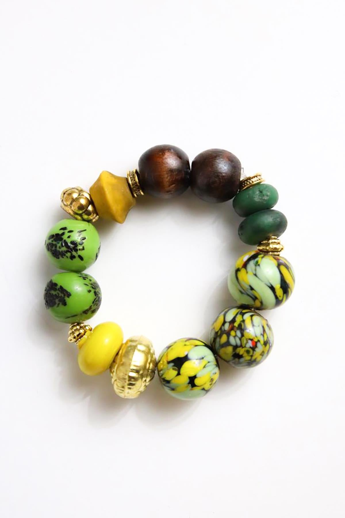 Kahverengi Ahşap Detaylı Sarı Bileklik - Şaman Butik Kahverengi Ahşap Detaylı Sarı Bileklik