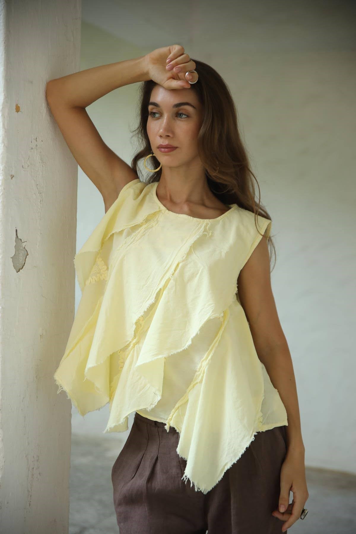 Butter Yellow Önü Parçalı Süzeneli Bluz