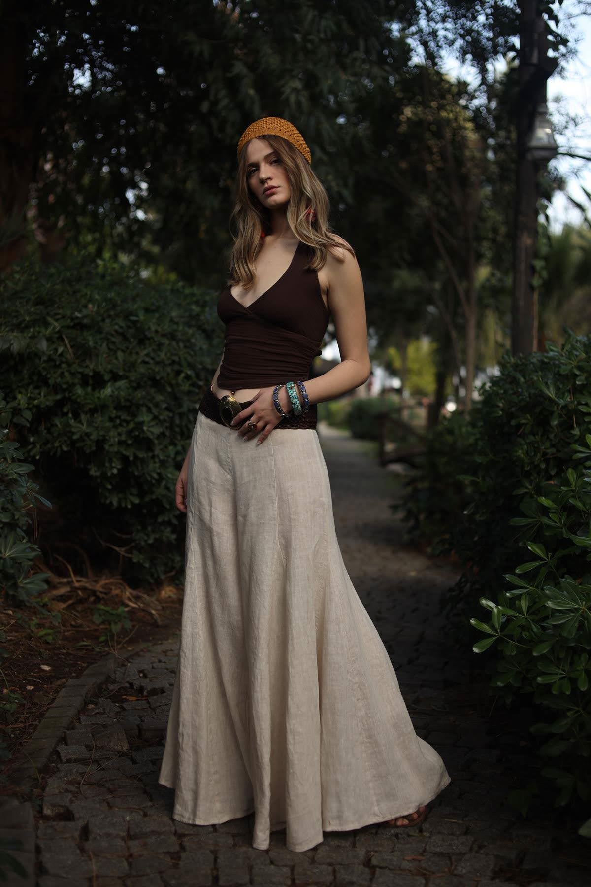 Krem Rengi Keten Pantolon Etek