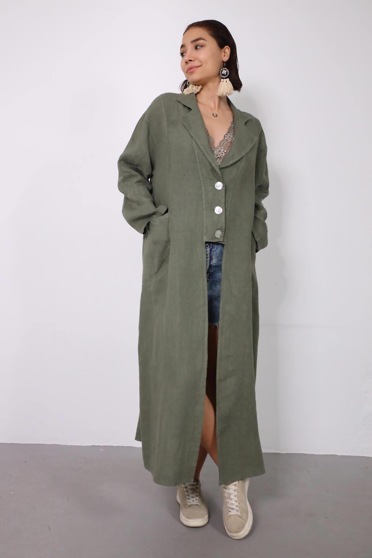 Haki Yakalı Üç Düğmeli Keten Kap - Şaman Butik Haki Yakalı Üç Düğmeli Keten Kap
