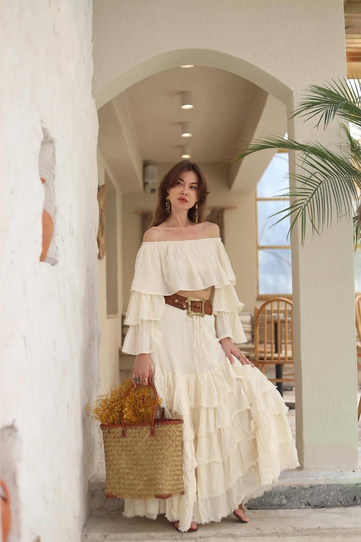 Ekru Kat Kat Püsküllü Bohem Etek