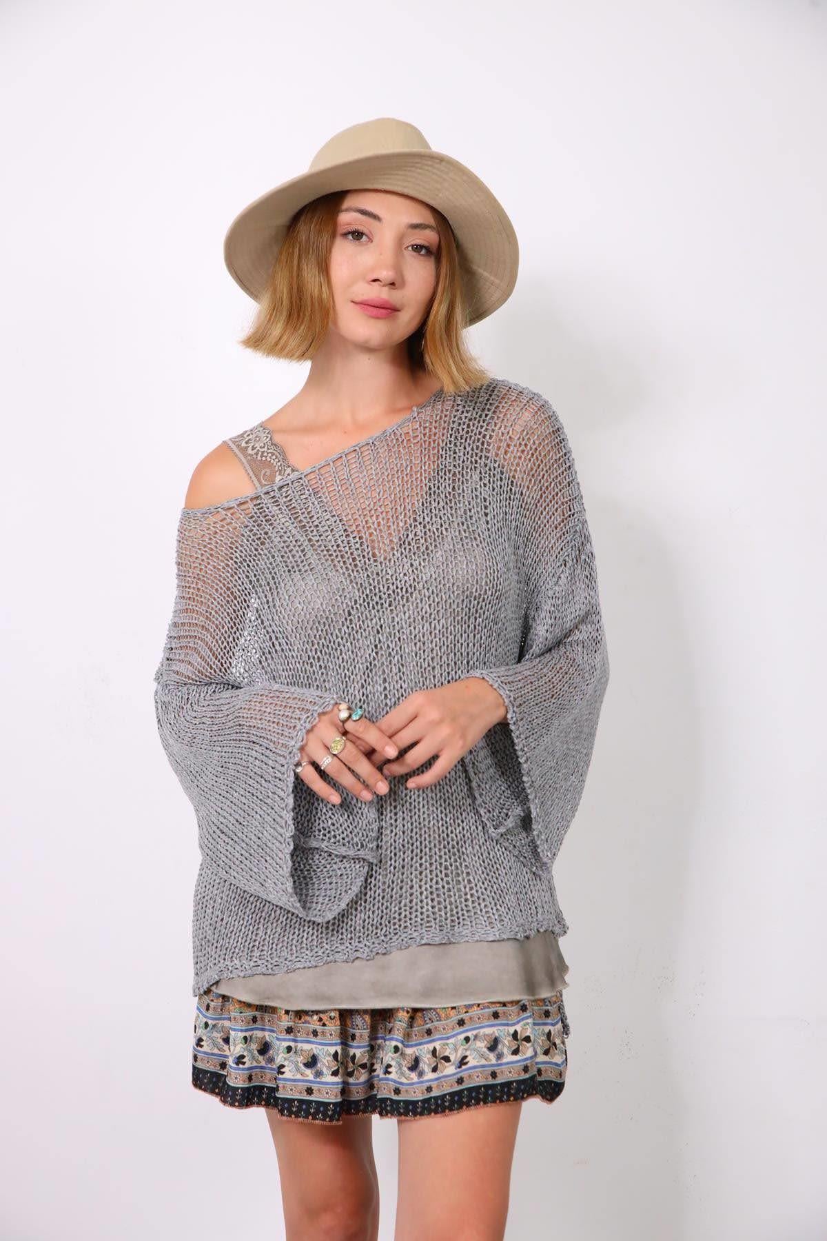 Gri Önü Kısa File Triko Tunik - Şaman Butik Gri Önü Kısa File Triko Tunik