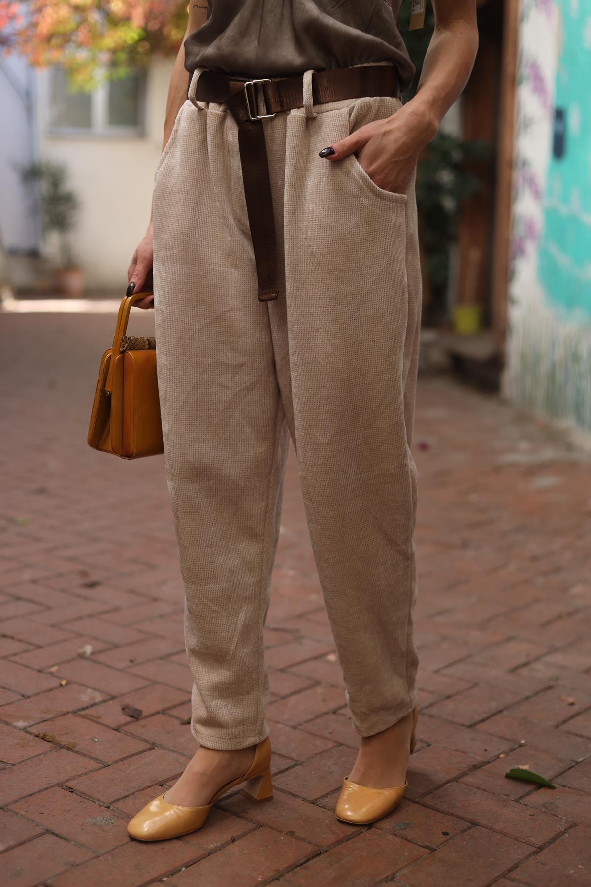 Cream Color Lycra Velvet Pants