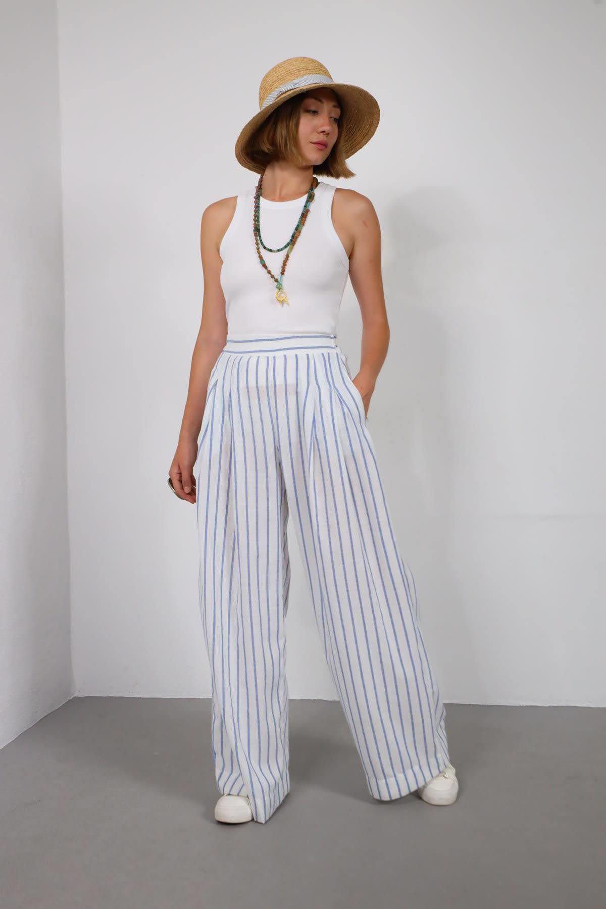 Beyaz Çizgili Beli Lastikli Pileli Salaş Pantolon - Şaman Butik Beyaz Çizgili Beli Lastikli Pileli Salaş Pantolon