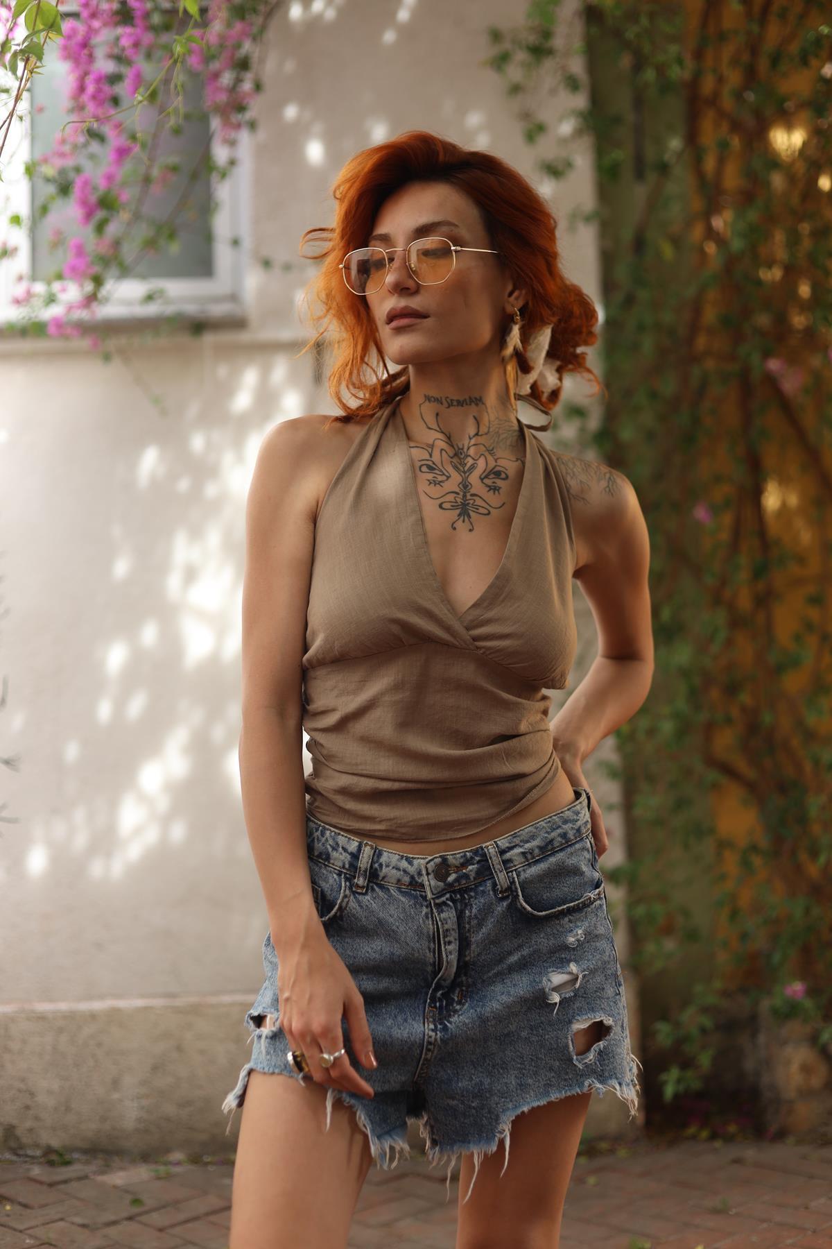 Sand Color Tie Back Blouse