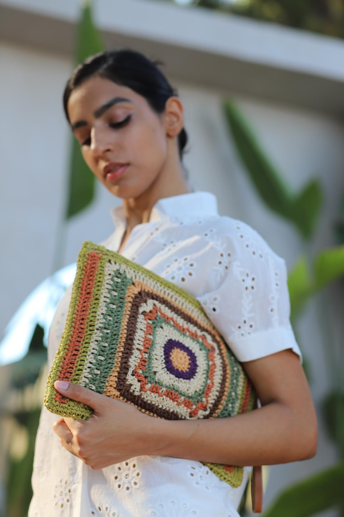 Renkli Desenli Tasarım Hasır Çanta - Şaman Butik Renkli Desenli Tasarım Hasır Çanta