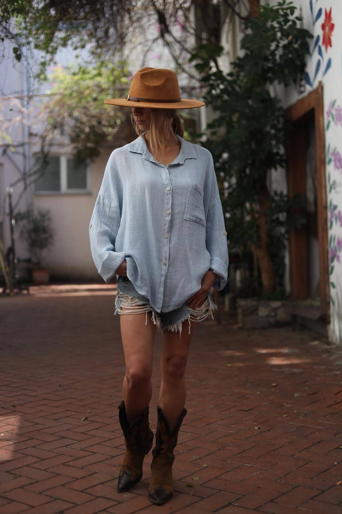 Bebek Mavisi Tek Cepli Soft Keten Gömlek