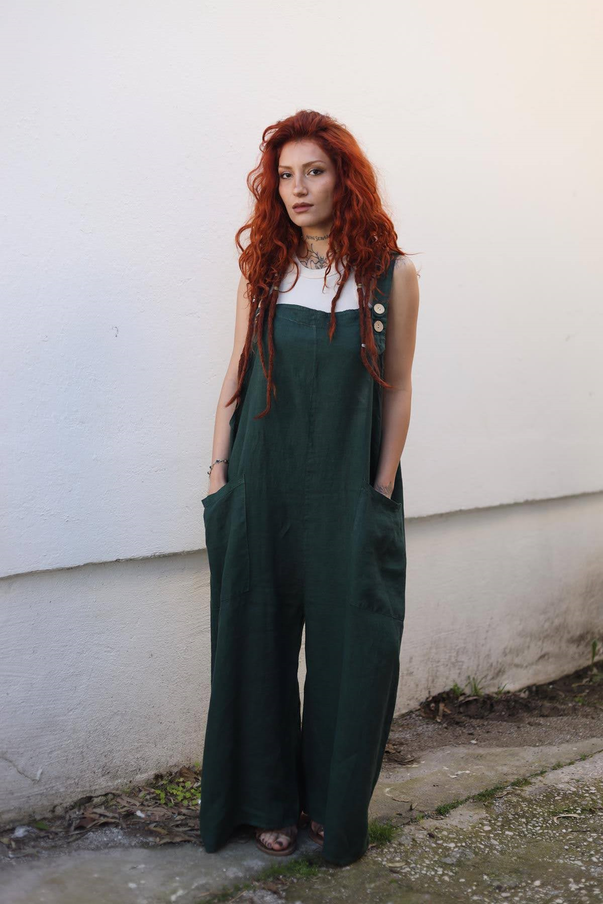 Emerald Green Buttoned Linen Jumpsuit