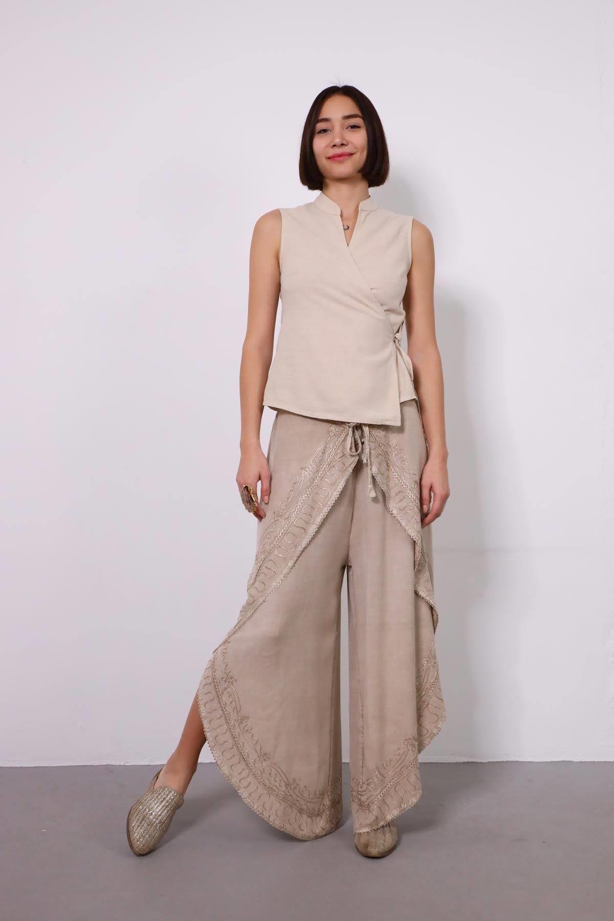 Vizon Kruvaze İşlemeli Pul Detay Harem Şalvar - Şaman Butik - Bohem Giyim ve Aksesuar | Kadın & Erkek Vizon Kruvaze İşlemeli Pul Detay Harem Şalvar