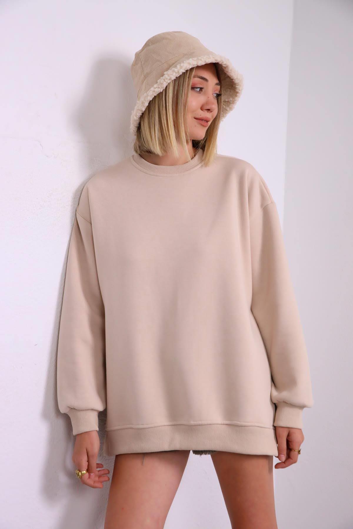 Taş Rengi Yanları Yırtmaçlı Sweatshirt - Şaman Butik Taş Rengi Yanları Yırtmaçlı Sweatshirt