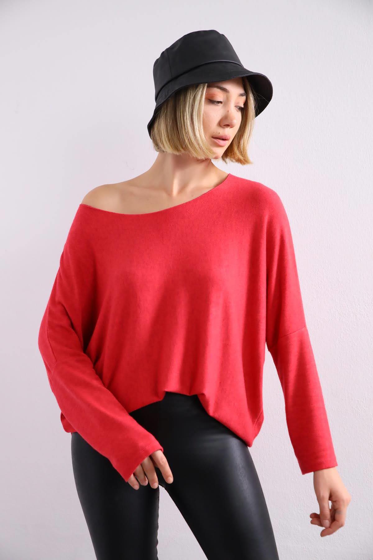 Nar Çiçeği Rengi Bisiklet Yaka Yarasa Kol Bluz - Şaman Butik Nar Çiçeği Rengi Bisiklet Yaka Yarasa Kol Bluz