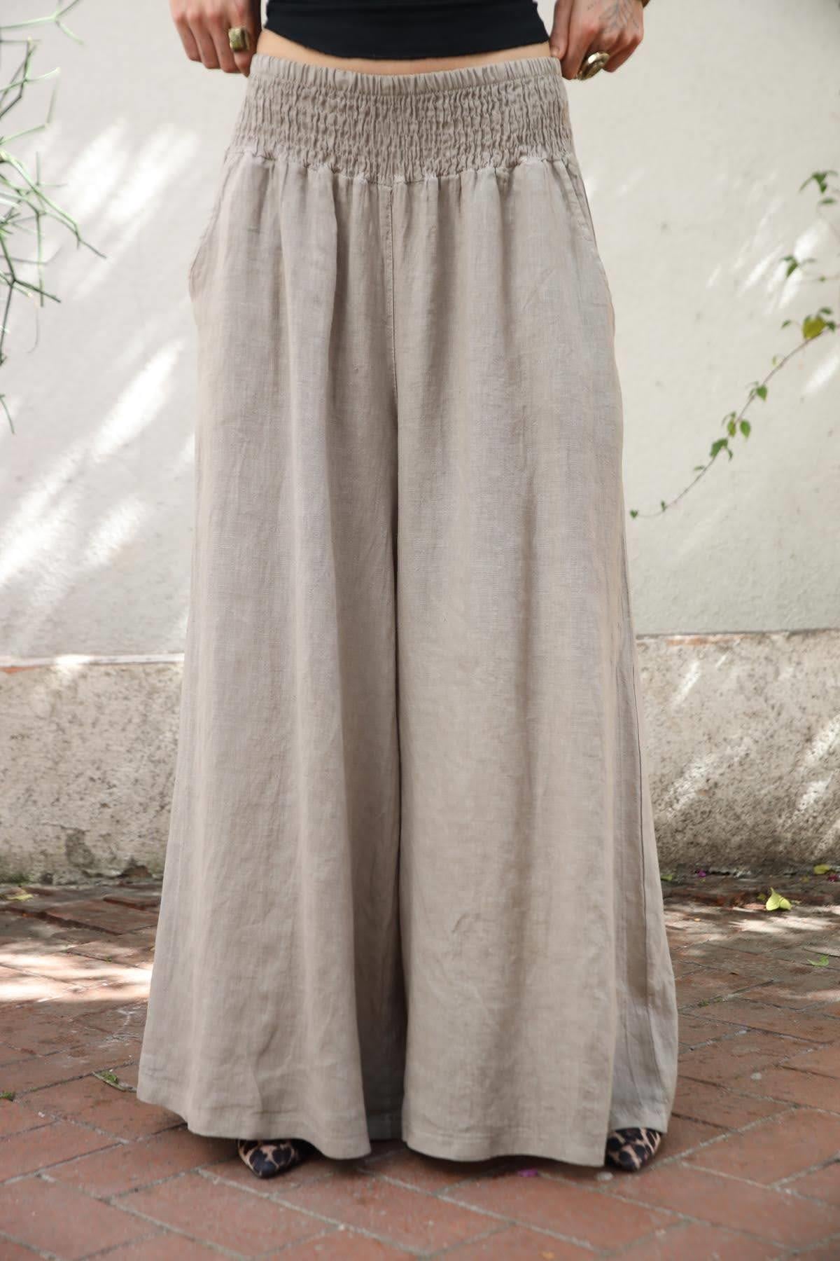 Mink Color Wide Leg Linen Trousers