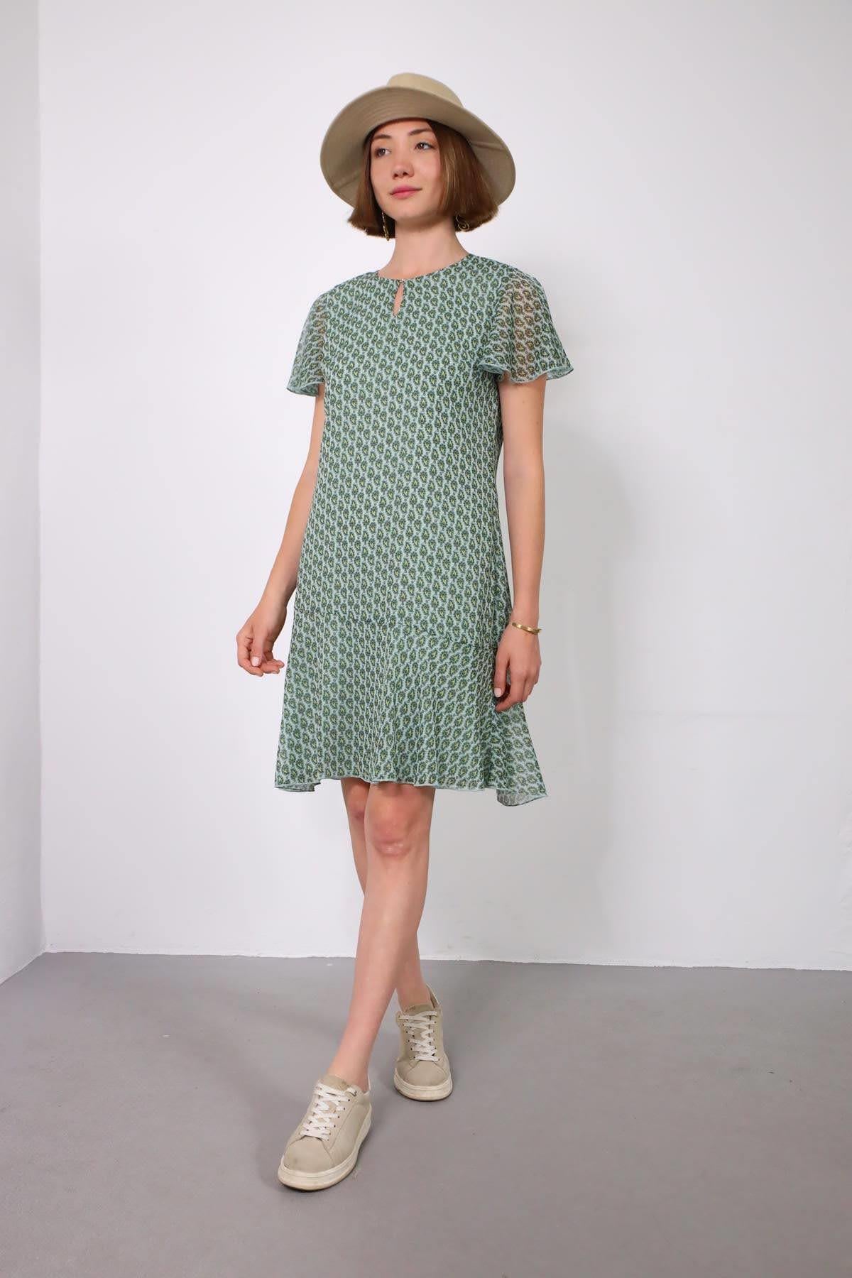 Mint Yeşili Desenli Yakası Düğmeli Kısa Elbise - Şaman Butik Mint Yeşili Desenli Yakası Düğmeli Kısa Elbise