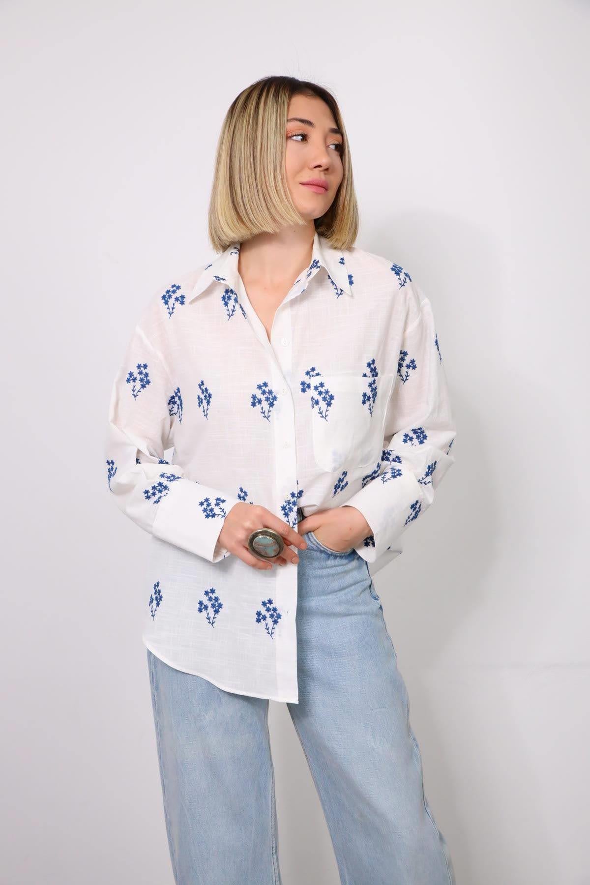 White Blue Floral Pattern Shirt - Saman Butik | Shop Online White Blue Floral Pattern Shirt